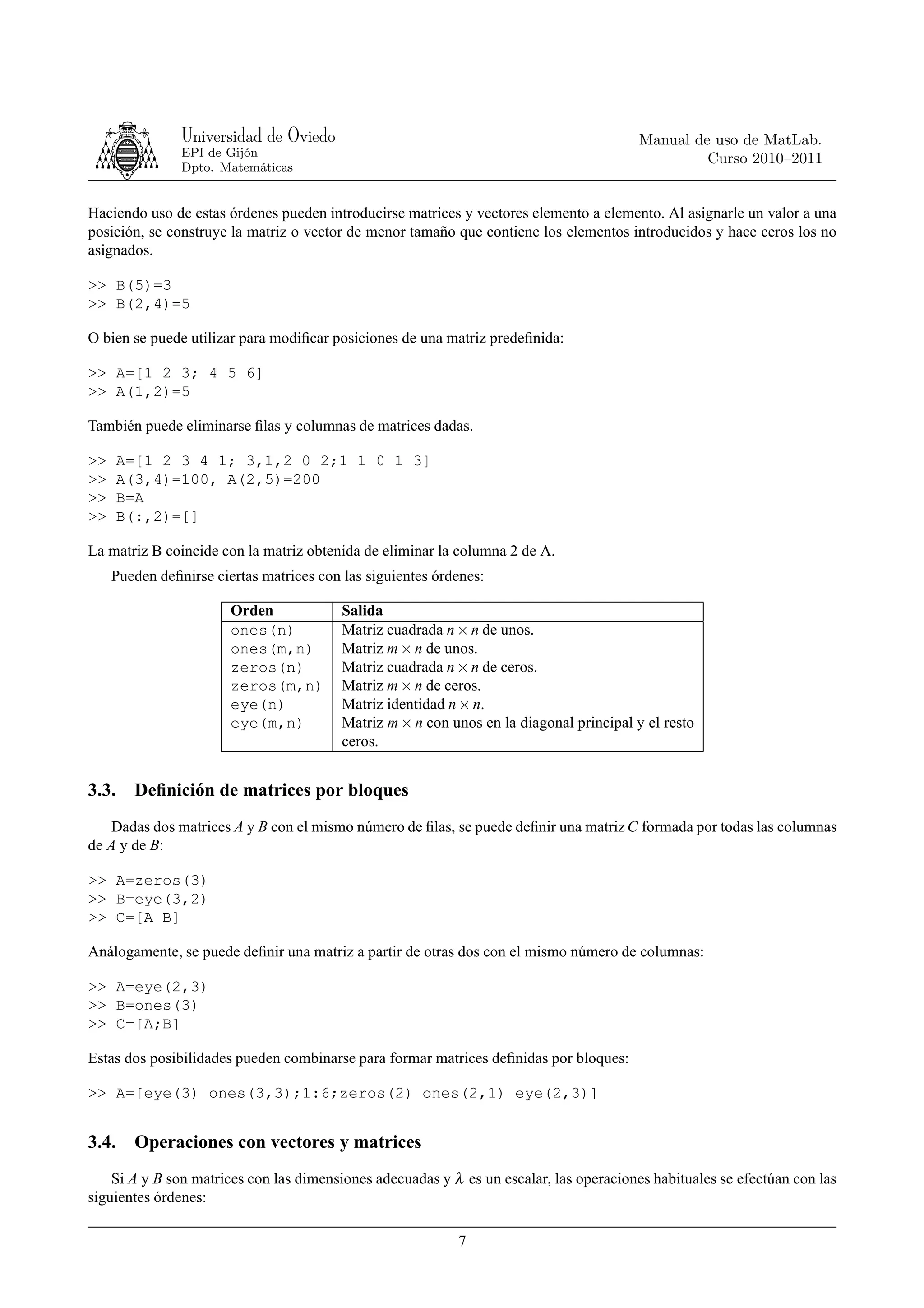 Universidad de Oviedo                                                     Manual de uso de MatLab.
                EPI de Gijón
                                                                                                   Curso 2010–2011
                Dpto. Matemáticas


Haciendo uso de estas órdenes pueden introducirse matrices y vectores elemento a elemento. Al asignarle un valor a una
posición, se construye la matriz o vector de menor tamaño que contiene los elementos introducidos y hace ceros los no
asignados.

>> B(5)=3
>> B(2,4)=5

O bien se puede utilizar para modiﬁcar posiciones de una matriz predeﬁnida:

>> A=[1 2 3; 4 5 6]
>> A(1,2)=5

También puede eliminarse ﬁlas y columnas de matrices dadas.

>>     A=[1 2 3 4 1; 3,1,2 0 2;1 1 0 1 3]
>>     A(3,4)=100, A(2,5)=200
>>     B=A
>>     B(:,2)=[]

La matriz B coincide con la matriz obtenida de eliminar la columna 2 de A.
     Pueden deﬁnirse ciertas matrices con las siguientes órdenes:

                        Orden             Salida
                        ones(n)           Matriz cuadrada n × n de unos.
                        ones(m,n)         Matriz m × n de unos.
                        zeros(n)          Matriz cuadrada n × n de ceros.
                        zeros(m,n)        Matriz m × n de ceros.
                        eye(n)            Matriz identidad n × n.
                        eye(m,n)          Matriz m × n con unos en la diagonal principal y el resto
                                          ceros.


3.3.     Deﬁnición de matrices por bloques
   Dadas dos matrices A y B con el mismo número de ﬁlas, se puede deﬁnir una matriz C formada por todas las columnas
de A y de B:

>> A=zeros(3)
>> B=eye(3,2)
>> C=[A B]

Análogamente, se puede deﬁnir una matriz a partir de otras dos con el mismo número de columnas:

>> A=eye(2,3)
>> B=ones(3)
>> C=[A;B]

Estas dos posibilidades pueden combinarse para formar matrices deﬁnidas por bloques:

>> A=[eye(3) ones(3,3);1:6;zeros(2) ones(2,1) eye(2,3)]


3.4.     Operaciones con vectores y matrices
    Si A y B son matrices con las dimensiones adecuadas y λ es un escalar, las operaciones habituales se efectúan con las
siguientes órdenes:

                                                            7
 