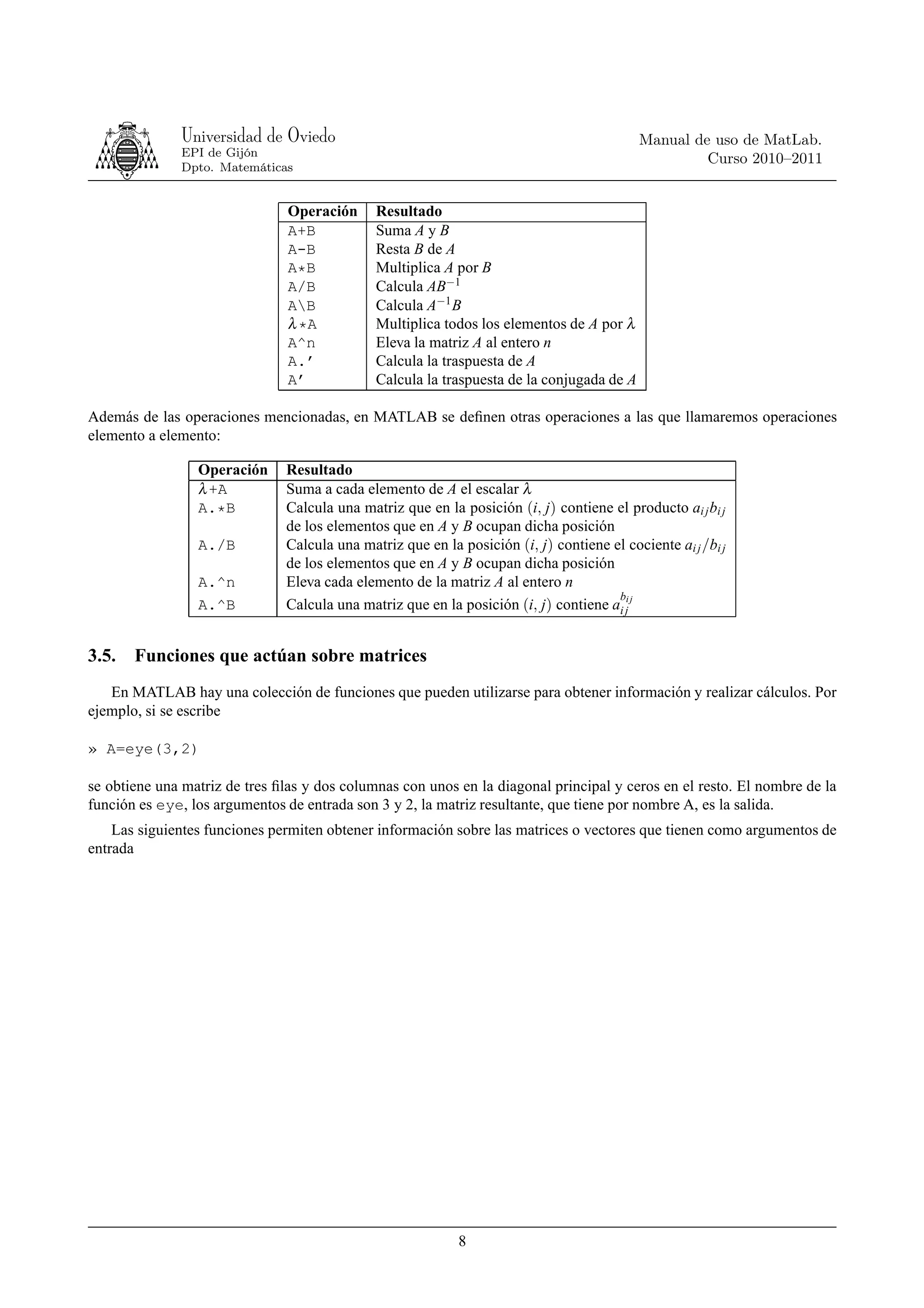 Universidad de Oviedo                                                         Manual de uso de MatLab.
              EPI de Gijón
                                                                                                     Curso 2010–2011
              Dpto. Matemáticas


                                Operación     Resultado
                                A+B           Suma A y B
                                A-B           Resta B de A
                                A*B           Multiplica A por B
                                A/B           Calcula AB−1
                                AB           Calcula A−1 B
                                λ *A          Multiplica todos los elementos de A por λ
                                A^n           Eleva la matriz A al entero n
                                A.’           Calcula la traspuesta de A
                                A’            Calcula la traspuesta de la conjugada de A

Además de las operaciones mencionadas, en MATLAB se deﬁnen otras operaciones a las que llamaremos operaciones
elemento a elemento:

                 Operación     Resultado
                 λ +A          Suma a cada elemento de A el escalar λ
                 A.*B          Calcula una matriz que en la posición (i, j) contiene el producto ai j bi j
                               de los elementos que en A y B ocupan dicha posición
                 A./B          Calcula una matriz que en la posición (i, j) contiene el cociente ai j /bi j
                               de los elementos que en A y B ocupan dicha posición
                 A.^n          Eleva cada elemento de la matriz A al entero n
                                                                                      b
                 A.^B          Calcula una matriz que en la posición (i, j) contiene ai ji j


3.5.   Funciones que actúan sobre matrices
   En MATLAB hay una colección de funciones que pueden utilizarse para obtener información y realizar cálculos. Por
ejemplo, si se escribe

» A=eye(3,2)

se obtiene una matriz de tres ﬁlas y dos columnas con unos en la diagonal principal y ceros en el resto. El nombre de la
función es eye, los argumentos de entrada son 3 y 2, la matriz resultante, que tiene por nombre A, es la salida.
    Las siguientes funciones permiten obtener información sobre las matrices o vectores que tienen como argumentos de
entrada




                                                            8
 
