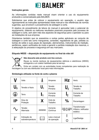 Instruções gerais
As informações contidas neste manual visam orientar o uso do equipamento
produzido e comercializado pela BALMER.
Solicitamos que antes de colocar o equipamento em operação, o usuário siga
rigorosamente as instruções apresentadas neste manual e nas referências de normas
sugeridas, que envolvem o procedimento de soldagem e corte.
O objetivo do procedimento de leitura do manual é aproveitar todo o potencial do
equipamento, obtendo os melhores resultados possíveis propostos pelo processo de
soldagem e corte, sem abrir mão dos aspectos de segurança para o operador ou para
as instalações de sua empresa.
Orientamos também que os acessórios e outras partes aplicáveis ao conjunto de
soldagem e corte tais como mangueiras, conexões, reguladores de gás, pistolas ou
tochas de solda e suas peças de reposição, aterramentos, instrumentos de medição,
periféricos, sejam verificados de modo a garantir a perfeita instalação dos mesmos, e
a adequação ao processo e segurança em seu manuseio.
Etiqueta WEEE – disposição do equipamento no final da vida útil
Não descarte este produto com lixo comum.
Reuse ou recicle resíduos de equipamentos elétricos e eletrônicos (WEEE)
entregando a um coletor habilitado para tal serviço.
Entre em contato com as autoridades locais competentes para realização da
reciclagem ou com seu distribuidor local para mais informações.
Simbologia utilizada na fonte de corte a plasma
Volts Amperes Hertz
Tensão a Vazio
Tensão
Primária
Tensão de
Trabalho
Terra
Corrente
Primária
Corrente de
Trabalho
Grau de
Proteção
Ciclo de
Trabalho
Percentagem
Tensão
Alternada
Corrente
Contínua
Transformador
trifásico, retificador
estático
Indicação de
sobretemperatura
Leia o manual
de operação
Liga/Desliga
4 MaxxiCUT 60 380V v4
 