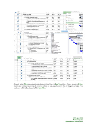MS Project 2013
Pedro Junqueira
www.p3praxis.com/recursos
Se você quiser filtrar apenas as tarefas do caminho crítico, na Guia Ver utilize o filtro e selecione Crítica.
Assim você verá apenas tarefas do caminho crítico, ou seja, aquelas com 0 dias de Margem ou Folga. Para
voltar a a exibir todas, clique no filtro Sem Filtro.
 