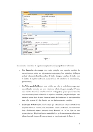 Figura 4
Eis aqui uma breve lista de algumas das propriedades que podem ser alteradas:
• Em Tamanho do campo, você pode estipular um tamanho máximo de
caracteres que podem ser introduzidos num registo. Isto poderá ser útil para
reduzir o tamanho final da sua base de dados (imagine uma base de dados com
5 milhões de registos onde cada campo tivesse 100 caracteres de comprimento,
por exemplo!).
• Em Valor predefinido você pode escolher um valor já predefinido sempre que
um utilizador introduz um novo cliente na tabela. Se, por exemplo, 90% dos
seus clientes fossem do sexo “Masculino”, então poderá querer poupar trabalho
ao funcionário que vai introduzir os registos, colocando, por pré-definição, este
valor no campo Sexo do novo cliente a inserir. O funcionário só terá de corrigir
este valor para os 10% dos clientes que não obedecem a esta condição.
• Em Regra de Validação poderá impor que o funcionário esteja limitado a um
conjunto finito de valores para preencher o campo. Neste caso, se quer evitar
que o funcionário escreva palavras como “Homem”, ou “M” ou faça um erro
ortográfico (ex: “Fiminino”) então poderá indicar ao Access quais os valores que
são aceites pelo sistema. É o que se passa no caso do exemplo da figura 4.
6
 