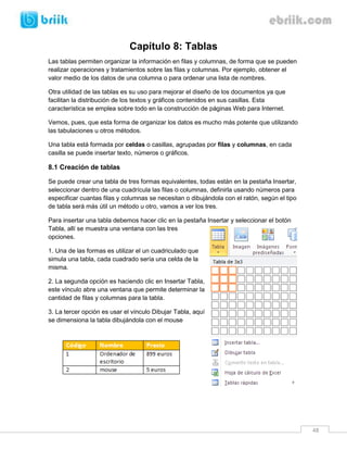 48 
Capítulo 8: Tablas 
Las tablas permiten organizar la información en filas y columnas, de forma que se pueden realizar operaciones y tratamientos sobre las filas y columnas. Por ejemplo, obtener el valor medio de los datos de una columna o para ordenar una lista de nombres. 
Otra utilidad de las tablas es su uso para mejorar el diseño de los documentos ya que facilitan la distribución de los textos y gráficos contenidos en sus casillas. Esta característica se emplea sobre todo en la construcción de páginas Web para Internet. 
Vemos, pues, que esta forma de organizar los datos es mucho más potente que utilizando las tabulaciones u otros métodos. 
Una tabla está formada por celdas o casillas, agrupadas por filas y columnas, en cada casilla se puede insertar texto, números o gráficos. 
8.1 Creación de tablas 
Se puede crear una tabla de tres formas equivalentes, todas están en la pestaña Insertar, seleccionar dentro de una cuadrícula las filas o columnas, definirla usando números para especificar cuantas filas y columnas se necesitan o dibujándola con el ratón, según el tipo de tabla será más útil un método u otro, vamos a ver los tres. 
Para insertar una tabla debemos hacer clic en la pestaña Insertar y seleccionar el botón Tabla, allí se muestra una ventana con las tres opciones. 
1. Una de las formas es utilizar el un cuadriculado que simula una tabla, cada cuadrado sería una celda de la misma. 
2. La segunda opción es haciendo clic en Insertar Tabla, este vínculo abre una ventana que permite determinar la cantidad de filas y columnas para la tabla. 
3. La tercer opción es usar el vínculo Dibujar Tabla, aquí se dimensiona la tabla dibujándola con el mouse 
 