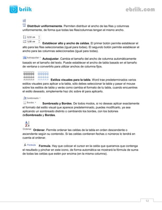 52 
Distribuir uniformemente. Permiten distribuir el ancho de las filas y columnas uniformemente, de forma que todas las filas/columnas tengan el mismo ancho. 
Establecer alto y ancho de celdas. El primer botón permite establecer el alto para las filas seleccionadas (igual para todas). El segundo botón permite establecer el ancho para las columnas seleccionadas (igual para todas). 
Autoajustar. Cambia el tamaño del ancho de columna automáticamente basado en el tamaño del texto. Puede establecer el ancho de tabla basado en el tamaño de ventana o convertirlo para utilizar anchos de columna fijos. 
Estilos visuales para la tabla. Word trae predeterminados varios estilos visuales para aplicar a la tabla, sólo debes seleccionar la tabla y pasar el mouse sobre los estilos de tabla y verás como cambia el formato de tu tabla, cuando encuentres el estilo deseado, simplemente haz clic sobre él para aplicarlo. 
Sombreado y Bordes. De todos modos, si no deseas aplicar exactamente el formato del estilo visual que aparece predeterminado, puedes modificarlo, ya sea aplicando un sombreado distinto o cambiando los bordes, con los botones deSombreado y Bordes. 
Ordenar. Permite ordenar las celdas de la tabla en orden descendente o ascendente según su contenido. Si las celdas contienen fechas o números lo tendrá en cuenta al ordenar. 
Formula. Hay que colocar el cursor en la celda que queramos que contenga el resultado y pinchar en este icono, de forma automática se mostrará la fórmula de suma de todas las celdas que estén por encima (en la misma columna). 
 