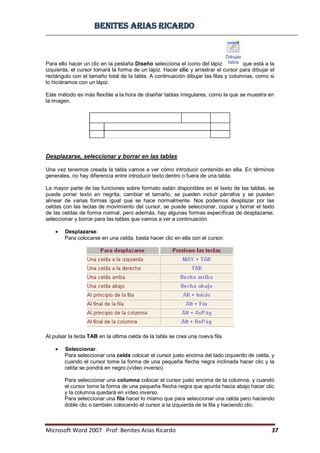 BBeenniitteess aarriiaass RRiiccaarrddoo
Microsoft Word 2007 Prof: Benites Arias Ricardo 37
Para ello hacer un clic en la pestaña Diseño selecciona el icono del lápiz que está a la
izquierda, el cursor tomará la forma de un lápiz. Hacer clic y arrastrar el cursor para dibujar el
rectángulo con el tamaño total de la tabla. A continuación dibujar las filas y columnas, como si
lo hiciéramos con un lápiz.
Este método es más flexible a la hora de diseñar tablas irregulares, como la que se muestra en
la imagen.
Desplazarse, seleccionar y borrar en las tablas
Una vez tenemos creada la tabla vamos a ver cómo introducir contenido en ella. En términos
generales, no hay diferencia entre introducir texto dentro o fuera de una tabla.
La mayor parte de las funciones sobre formato están disponibles en el texto de las tablas, se
puede poner texto en negrita, cambiar el tamaño, se pueden incluir párrafos y se pueden
alinear de varias formas igual que se hace normalmente. Nos podemos desplazar por las
celdas con las teclas de movimiento del cursor, se puede seleccionar, copiar y borrar el texto
de las celdas de forma normal, pero además, hay algunas formas específicas de desplazarse,
seleccionar y borrar para las tablas que vamos a ver a continuación.
Desplazarse.
Para colocarse en una celda, basta hacer clic en ella con el cursor.
Al pulsar la tecla TAB en la última celda de la tabla se crea una nueva fila.
Seleccionar.
Para seleccionar una celda colocar el cursor justo encima del lado izquierdo de celda, y
cuando el cursor tome la forma de una pequeña flecha negra inclinada hacer clic y la
celda se pondrá en negro (vídeo inverso).
Para seleccionar una columna colocar el cursor justo encima de la columna, y cuando
el cursor tome la forma de una pequeña flecha negra que apunta hacia abajo hacer clic
y la columna quedará en vídeo inverso.
Para seleccionar una fila hacer lo mismo que para seleccionar una celda pero haciendo
doble clic o también colocando el cursor a la izquierda de la fila y haciendo clic.
 