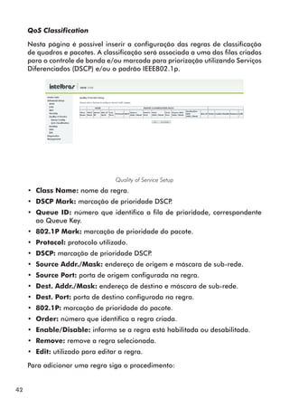 QoS Classification

     Nesta página é possível inserir a configuração das regras de classificação
     de quadros e pacotes. A classificação será associada a uma das filas criadas
     para o controle de banda e/ou marcada para priorização utilizando Serviços
     Diferenciados (DSCP) e/ou o padrão IEEE802.1p.




                                  Quality of Service Setup
     •• Class Name: nome da regra.
     •• DSCP Mark: marcação de prioridade DSCP.
     •• Queue ID: número que identifica a fila de prioridade, correspondente
        ao Queue Key.
     •• 802.1P Mark: marcação de prioridade do pacote.
     •• Protocol: protocolo utilizado.
     •• DSCP: marcação de prioridade DSCP.
     •• Source Addr./Mask: endereço de origem e máscara de sub-rede.
     •• Source Port: porta de origem configurada na regra.
     •• Dest. Addr./Mask: endereço de destino e máscara de sub-rede.
     •• Dest. Port: porta de destino configurada na regra.
     •• 802.1P: marcação de prioridade do pacote.
     •• Order: número que identifica a regra criada.
     •• Enable/Disable: informa se a regra está habilitada ou desabilitada.
     •• Remove: remove a regra selecionada.
     •• Edit: utilizado para editar a regra.

     Para adicionar uma regra siga o procedimento:


42
 