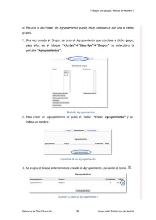 Trabajar con grupos. Manual de Moodle 2
Gabinete de Tele-Educación 89 Universidad Politécnica de Madrid
al Recurso o Actividad. Un Agrupamiento puede estar compuesto por uno o varios
grupos.
1. Una vez creado el Grupo, se crea el Agrupamiento que contiene a dicho grupo,
para ello, en el bloque “Ajustes”“Usuarios”“Grupos” se selecciona la
pestaña “Agrupamientos”.
Pestaña Agrupamientos
2. Para crear el Agrupamiento se pulsa el botón “Crear agrupamiento” y se
indica un nombre.
Creación de un Agrupamiento
3. Se asigna el Grupo anteriormente creado al Agrupamiento, pulsando el icono
Asignar Grupos al Agrupamiento I
 