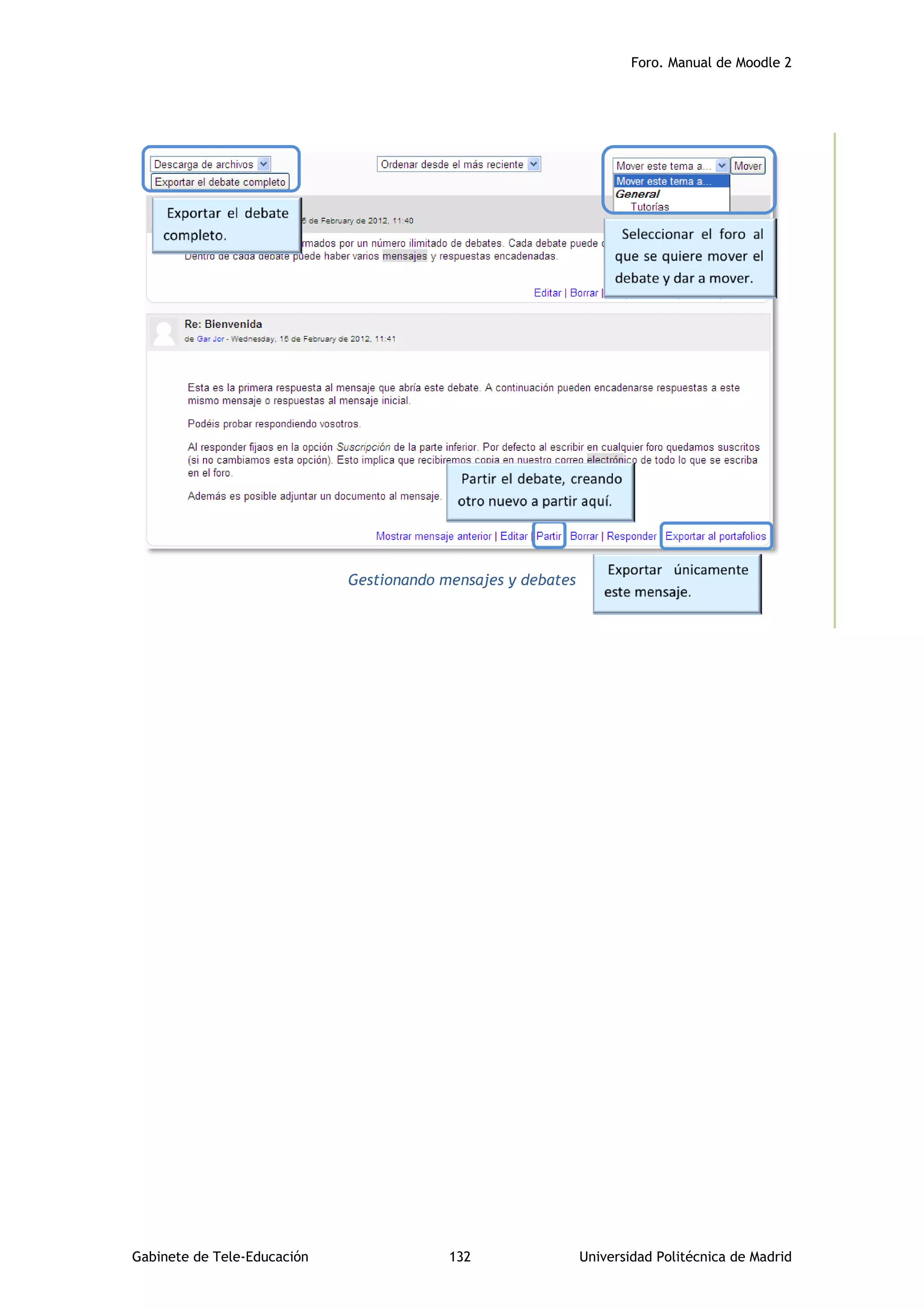 Foro. Manual de Moodle 2
Gabinete de Tele-Educación 132 Universidad Politécnica de Madrid
Gestionando mensajes y debates
 