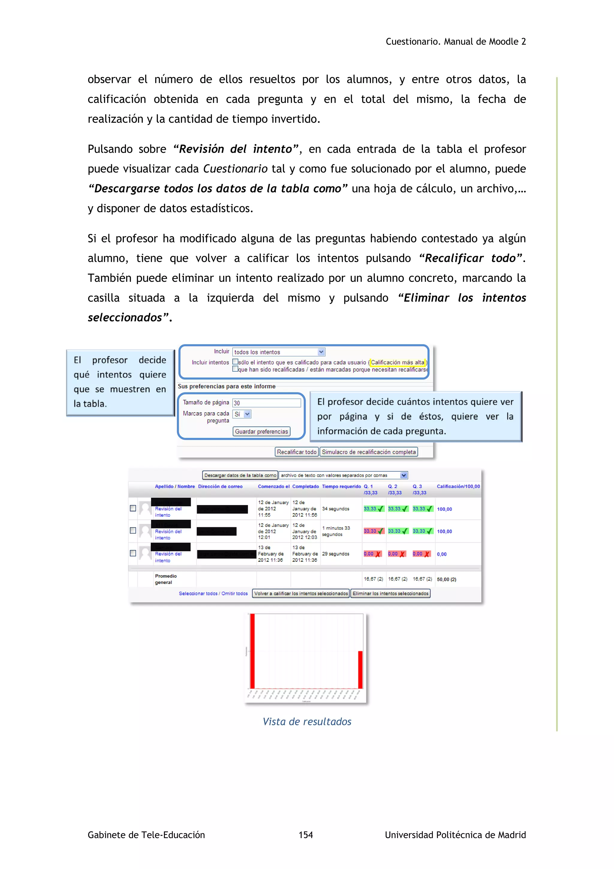 Cuestionario. Manual de Moodle 2
Gabinete de Tele-Educación 154 Universidad Politécnica de Madrid
observar el número de ellos resueltos por los alumnos, y entre otros datos, la
calificación obtenida en cada pregunta y en el total del mismo, la fecha de
realización y la cantidad de tiempo invertido.
Pulsando sobre “Revisión del intento”, en cada entrada de la tabla el profesor
puede visualizar cada Cuestionario tal y como fue solucionado por el alumno, puede
“Descargarse todos los datos de la tabla como” una hoja de cálculo, un archivo,…
y disponer de datos estadísticos.
Si el profesor ha modificado alguna de las preguntas habiendo contestado ya algún
alumno, tiene que volver a calificar los intentos pulsando “Recalificar todo”.
También puede eliminar un intento realizado por un alumno concreto, marcando la
casilla situada a la izquierda del mismo y pulsando “Eliminar los intentos
seleccionados”.
Vista de resultados
 