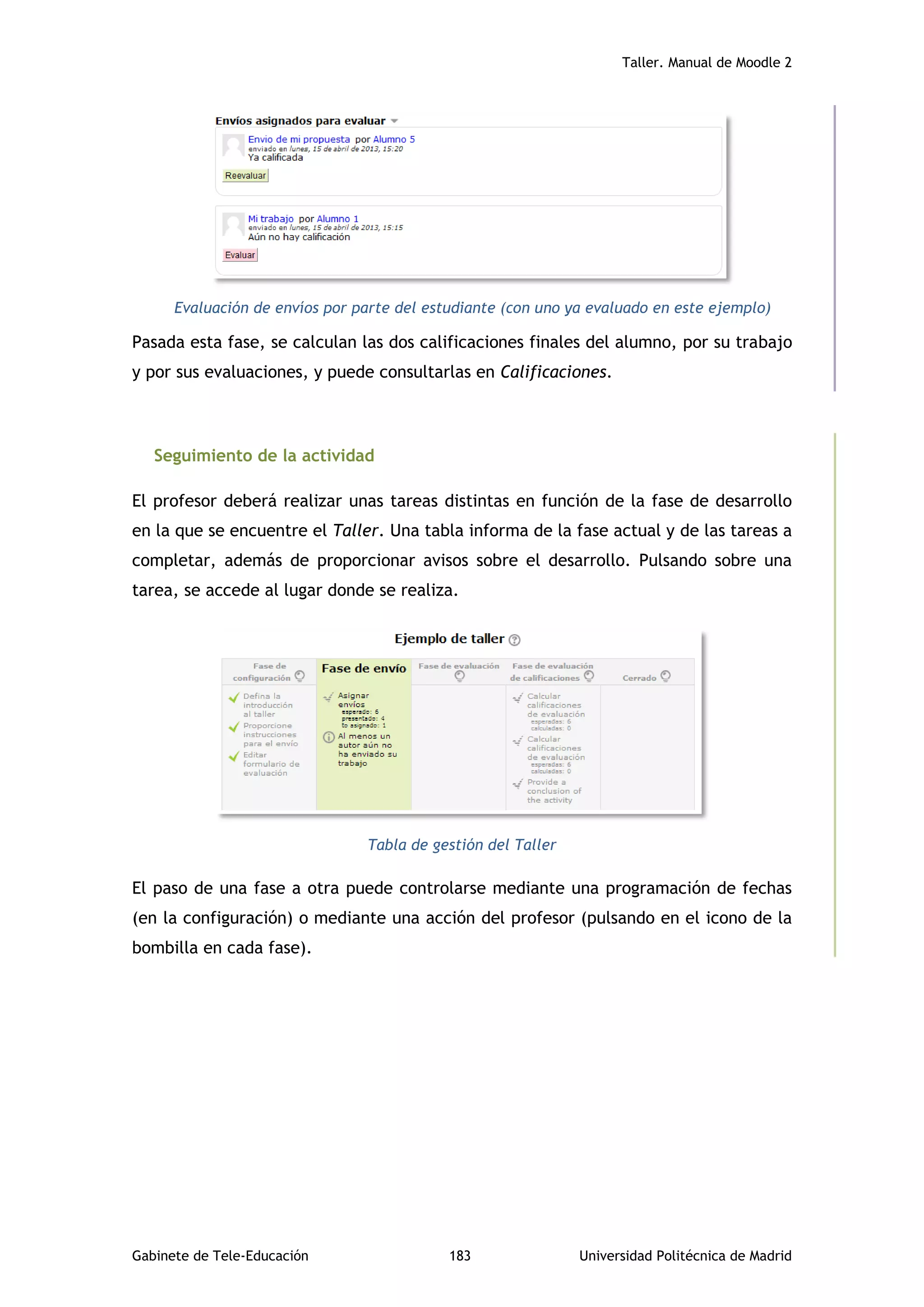 Taller. Manual de Moodle 2
Gabinete de Tele-Educación 183 Universidad Politécnica de Madrid
Evaluación de envíos por parte del estudiante (con uno ya evaluado en este ejemplo)
Pasada esta fase, se calculan las dos calificaciones finales del alumno, por su trabajo
y por sus evaluaciones, y puede consultarlas en Calificaciones.
Seguimiento de la actividad
El profesor deberá realizar unas tareas distintas en función de la fase de desarrollo
en la que se encuentre el Taller. Una tabla informa de la fase actual y de las tareas a
completar, además de proporcionar avisos sobre el desarrollo. Pulsando sobre una
tarea, se accede al lugar donde se realiza.
Tabla de gestión del Taller
El paso de una fase a otra puede controlarse mediante una programación de fechas
(en la configuración) o mediante una acción del profesor (pulsando en el icono de la
bombilla en cada fase).
 