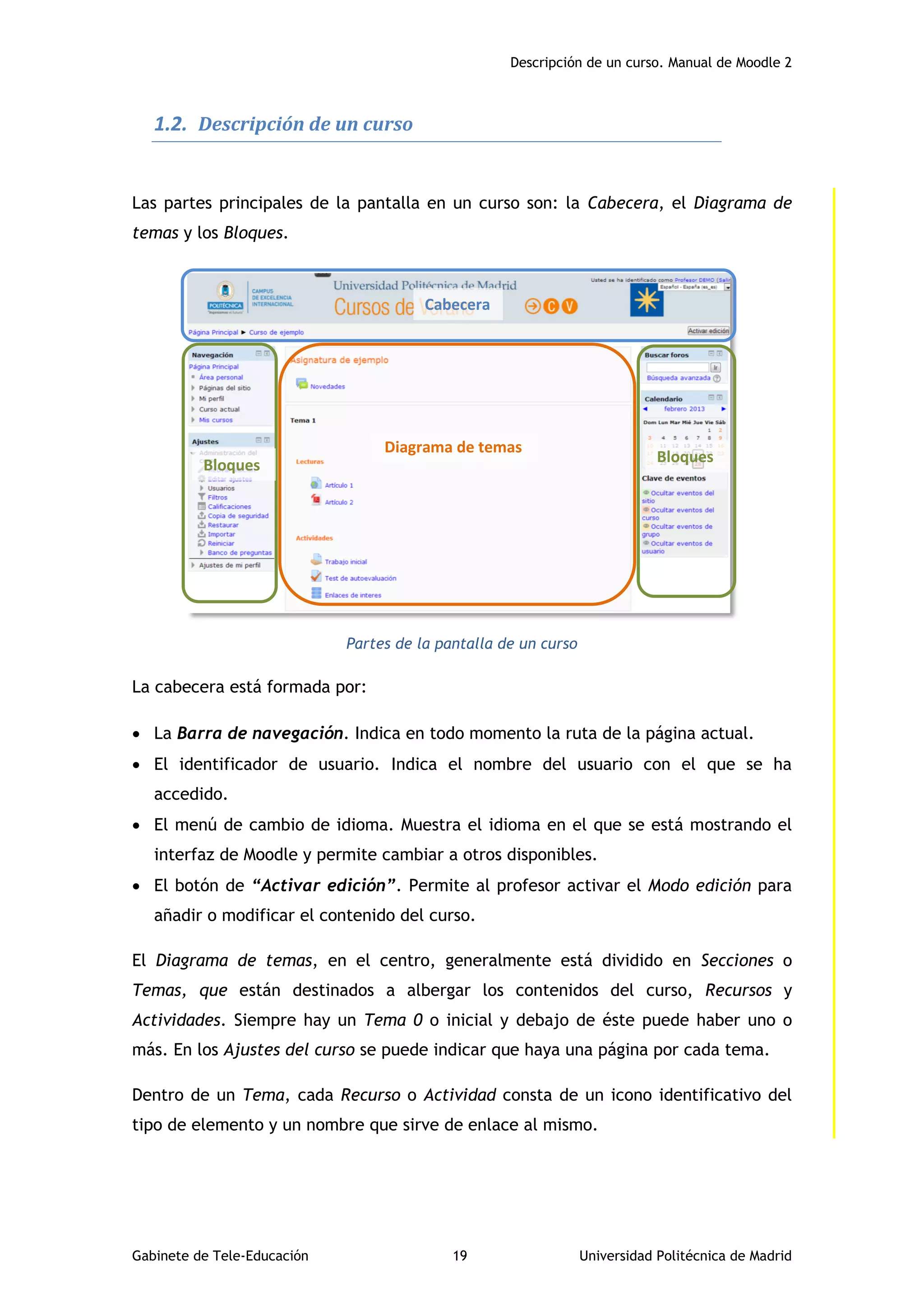 Descripción de un curso. Manual de Moodle 2
Gabinete de Tele-Educación 19 Universidad Politécnica de Madrid
1.2. Descripción de un curso
Las partes principales de la pantalla en un curso son: la Cabecera, el Diagrama de
temas y los Bloques.
Partes de la pantalla de un curso
La cabecera está formada por:
 La Barra de navegación. Indica en todo momento la ruta de la página actual.
 El identificador de usuario. Indica el nombre del usuario con el que se ha
accedido.
 El menú de cambio de idioma. Muestra el idioma en el que se está mostrando el
interfaz de Moodle y permite cambiar a otros disponibles.
 El botón de “Activar edición”. Permite al profesor activar el Modo edición para
añadir o modificar el contenido del curso.
El Diagrama de temas, en el centro, generalmente está dividido en Secciones o
Temas, que están destinados a albergar los contenidos del curso, Recursos y
Actividades. Siempre hay un Tema 0 o inicial y debajo de éste puede haber uno o
más. En los Ajustes del curso se puede indicar que haya una página por cada tema.
Dentro de un Tema, cada Recurso o Actividad consta de un icono identificativo del
tipo de elemento y un nombre que sirve de enlace al mismo.
Cabecera
BloquesBloques
Diagrama de temas
 