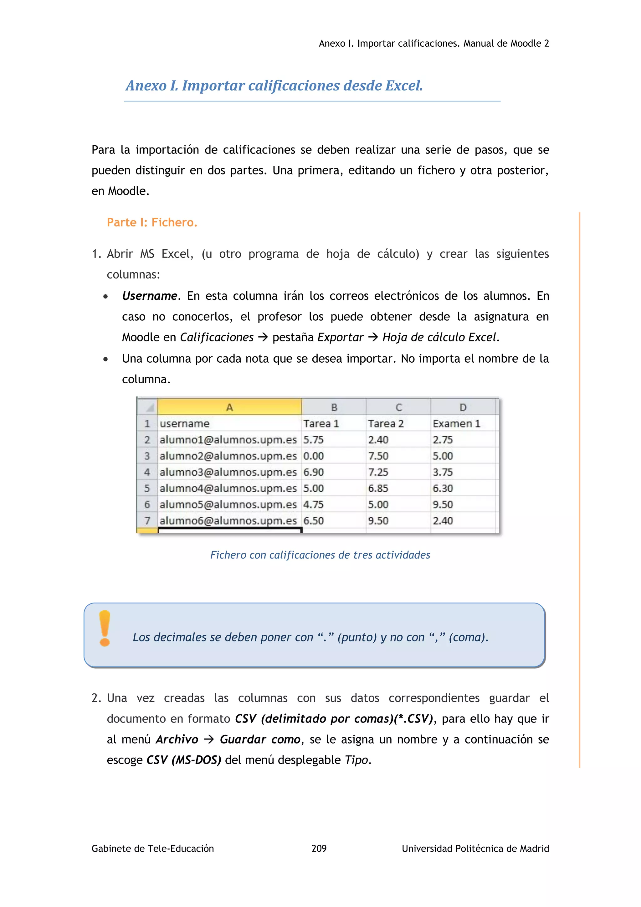 Anexo I. Importar calificaciones. Manual de Moodle 2
Gabinete de Tele-Educación 209 Universidad Politécnica de Madrid
Anexo I. Importar calificaciones desde Excel.
Para la importación de calificaciones se deben realizar una serie de pasos, que se
pueden distinguir en dos partes. Una primera, editando un fichero y otra posterior,
en Moodle.
Parte I: Fichero.
1. Abrir MS Excel, (u otro programa de hoja de cálculo) y crear las siguientes
columnas:
 Username. En esta columna irán los correos electrónicos de los alumnos. En
caso no conocerlos, el profesor los puede obtener desde la asignatura en
Moodle en Calificaciones  pestaña Exportar  Hoja de cálculo Excel.
 Una columna por cada nota que se desea importar. No importa el nombre de la
columna.
Fichero con calificaciones de tres actividades
2. Una vez creadas las columnas con sus datos correspondientes guardar el
documento en formato CSV (delimitado por comas)(*.CSV), para ello hay que ir
al menú Archivo  Guardar como, se le asigna un nombre y a continuación se
escoge CSV (MS-DOS) del menú desplegable Tipo.
Los decimales se deben poner con “.” (punto) y no con “,” (coma).
 