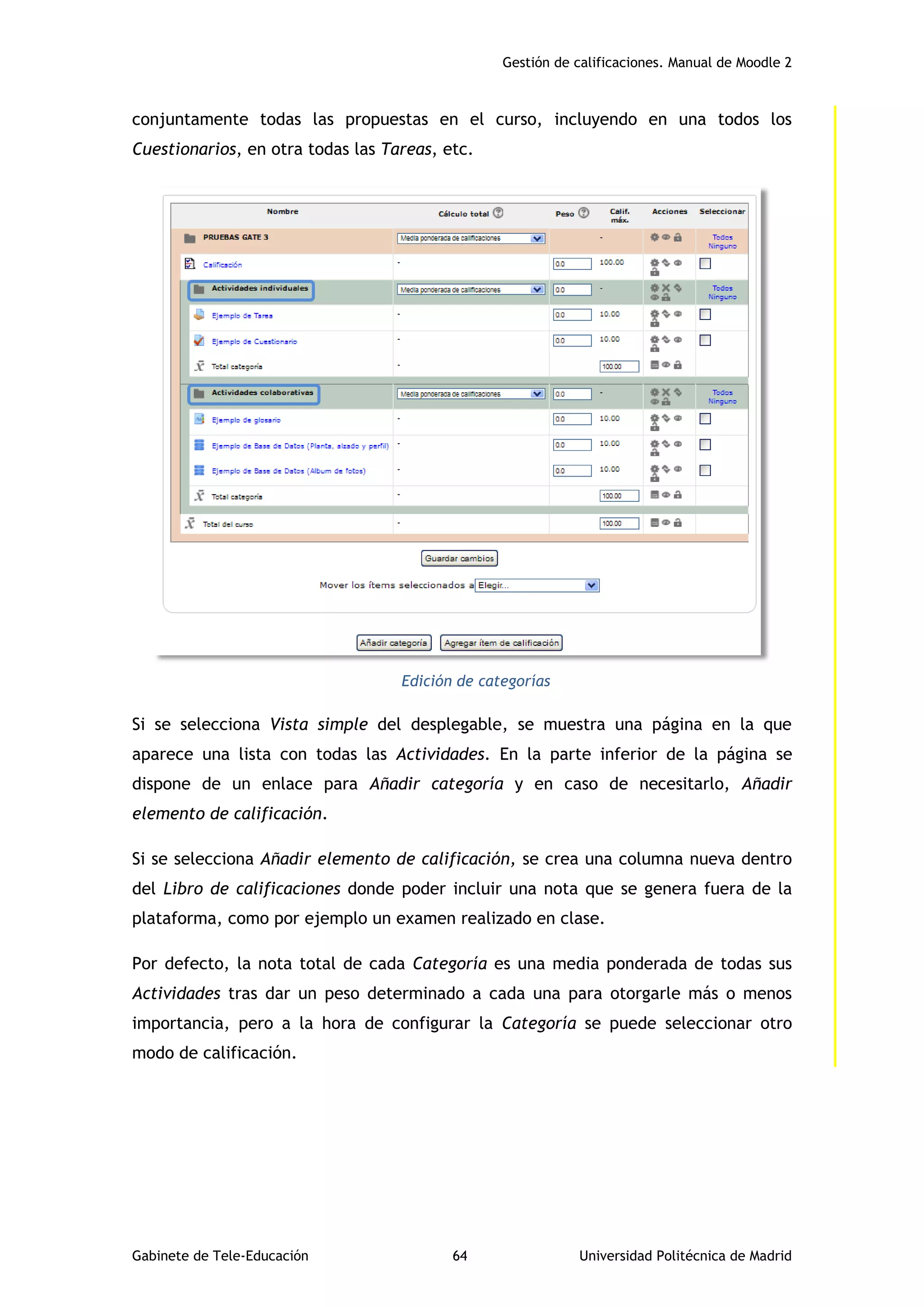 Gestión de calificaciones. Manual de Moodle 2
Gabinete de Tele-Educación 64 Universidad Politécnica de Madrid
conjuntamente todas las propuestas en el curso, incluyendo en una todos los
Cuestionarios, en otra todas las Tareas, etc.
Edición de categorías
Si se selecciona Vista simple del desplegable, se muestra una página en la que
aparece una lista con todas las Actividades. En la parte inferior de la página se
dispone de un enlace para Añadir categoría y en caso de necesitarlo, Añadir
elemento de calificación.
Si se selecciona Añadir elemento de calificación, se crea una columna nueva dentro
del Libro de calificaciones donde poder incluir una nota que se genera fuera de la
plataforma, como por ejemplo un examen realizado en clase.
Por defecto, la nota total de cada Categoría es una media ponderada de todas sus
Actividades tras dar un peso determinado a cada una para otorgarle más o menos
importancia, pero a la hora de configurar la Categoría se puede seleccionar otro
modo de calificación.
 