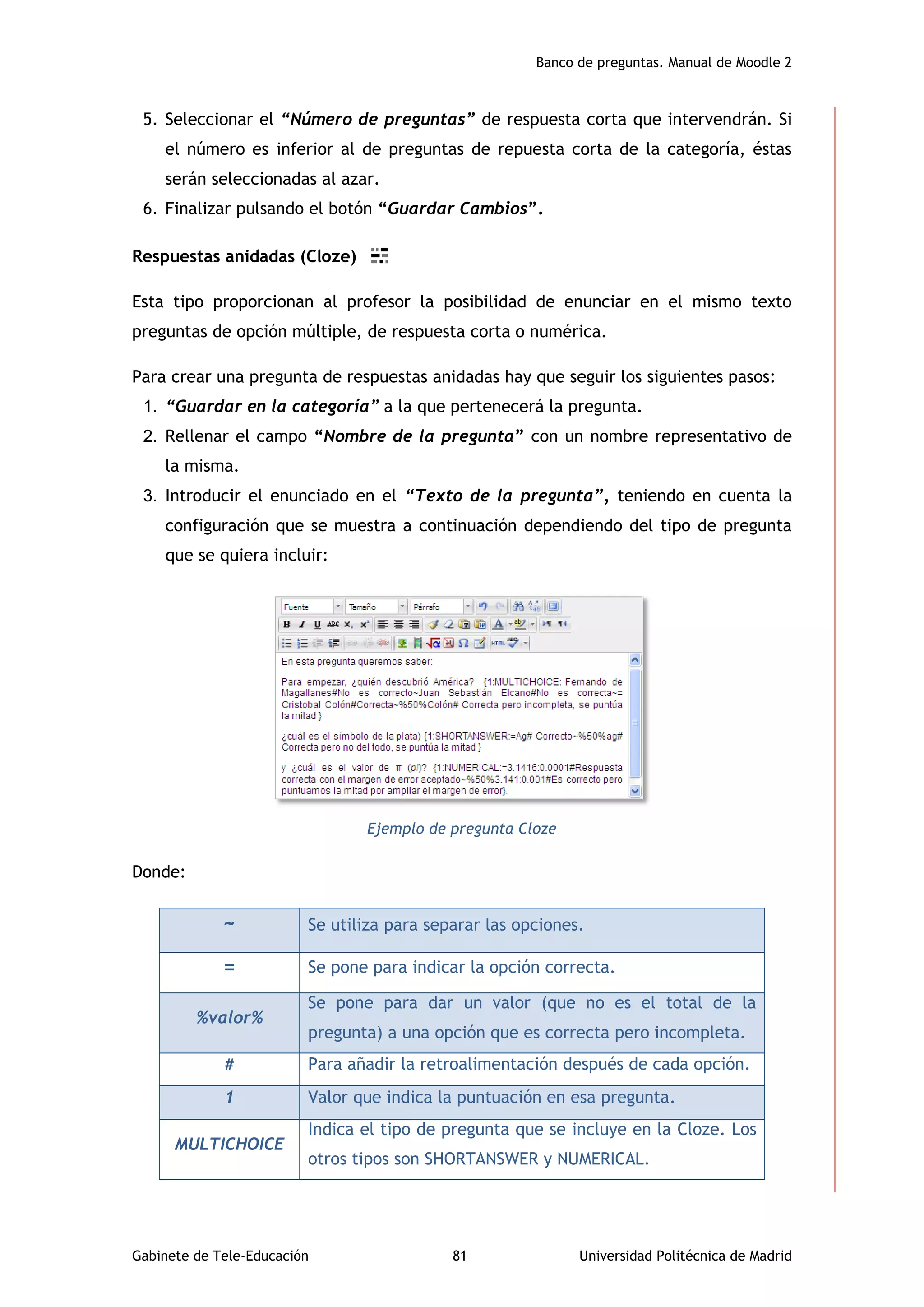 Banco de preguntas. Manual de Moodle 2
Gabinete de Tele-Educación 81 Universidad Politécnica de Madrid
5. Seleccionar el “Número de preguntas” de respuesta corta que intervendrán. Si
el número es inferior al de preguntas de repuesta corta de la categoría, éstas
serán seleccionadas al azar.
6. Finalizar pulsando el botón “Guardar Cambios”.
Respuestas anidadas (Cloze)
Esta tipo proporcionan al profesor la posibilidad de enunciar en el mismo texto
preguntas de opción múltiple, de respuesta corta o numérica.
Para crear una pregunta de respuestas anidadas hay que seguir los siguientes pasos:
1. “Guardar en la categoría” a la que pertenecerá la pregunta.
2. Rellenar el campo “Nombre de la pregunta” con un nombre representativo de
la misma.
3. Introducir el enunciado en el “Texto de la pregunta”, teniendo en cuenta la
configuración que se muestra a continuación dependiendo del tipo de pregunta
que se quiera incluir:
Ejemplo de pregunta Cloze
Donde:
~ Se utiliza para separar las opciones.
= Se pone para indicar la opción correcta.
%valor%
Se pone para dar un valor (que no es el total de la
pregunta) a una opción que es correcta pero incompleta.
# Para añadir la retroalimentación después de cada opción.
1 Valor que indica la puntuación en esa pregunta.
MULTICHOICE
Indica el tipo de pregunta que se incluye en la Cloze. Los
otros tipos son SHORTANSWER y NUMERICAL.
 