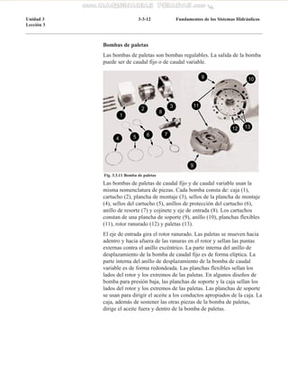 Unidad 3 3-3-12 Fundamentos de los Sistemas Hidráulicos
Lección 3
5
7
8
4
6
32
1
10
11
12 13
9
9
Fig. 3.3.11 Bomba de pale...