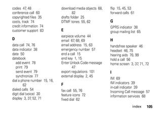index 105
codes 47, 48
conference call 60
copyrighted files 35
costs, track 74
credit information 74
customer support 83
D
data call 74, 76
data indicator 38
date 50
datebook
add event 78
print 79
send event 79
synchronize 77
dial a phone number 15, 16,
62
dialed calls 54
digit dial (voice) 30
display 3, 37, 52, 71
download media objects 68,
82
drafts folder 25
DTMF tones 55, 62
E
earpiece volume 44
email 67, 68, 69
email address 15, 63
emergency number 57
end a call 15
end key 1, 15
Enter Unlock Code message
47
export regulations 101
external display 2, 45
F
fax call 55, 76
feature icons 72
fixed dial 62
flip 15, 45, 53
forward calls 61
G
GPRS indicator 38
group mailing list 65
H
handsfree speaker 46
headset 46, 75
hearing aids 70, 99
hold a call 56
home screen 3, 37, 71, 72
I
IM 69
IM indicators 39
in-call indicator 39
Incoming Call message 57
information services 68
 