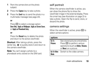 19main attractions
1 Point the camera lens at the photo
subject.
2 Press the Capture key to take a photo.
3 Press the Send key to send the photo in a
multimedia message (see page 24).
or
Press a to select a storage option:
Store Only, Apply as Wallpaper, Apply as Screen Saver,
or Apply as Phonebook Entry.
or
Press the Discard key to delete the photo
and return to the active viewfinder.
Shortcut: After taking a photo, press the
center key .s to quickly store it and return to
the camera viewfinder.
Note: You can’t assign a photo to a
phonebook entry stored on the SIM card.
self portrait
When the camera viewfinder is active, you
can close the phone flip to show the
viewfinder image in the external display. Press
the smart key (see illustration on page 2) to
take a photo. Open the flip to send, store, or
discard the photo.
camera settings
When the viewfinder is active, press a to
select camera options:
options
Go To
Pictures
See stored pictures and photos.
Press a to perform various
operations (such as Delete, Rename,
or Move) on a picture.
Go To Video
Mode
Switch to the video camera.
 