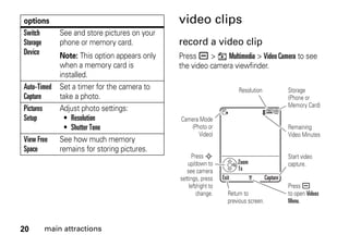 20 main attractions
video clips
record a video clip
Press a > h Multimedia > Video Camera to see
the video camera viewfinder.
Switch
Storage
Device
See and store pictures on your
phone or memory card.
Note: This option appears only
when a memory card is
installed.
Auto-Timed
Capture
Set a timer for the camera to
take a photo.
Pictures
Setup
Adjust photo settings:
• Resolution
• Shutter Tone
View Free
Space
See how much memory
remains for storing pictures.
options
8
Exit Capture
Resolution
Press a
to open Videos
Menu.
Start video
capture.Zoom
1x
Remaining
Video Minutes
Storage
(Phone or
Memory Card)
Press S
up/down to
see camera
settings, press
left/right to
change.
Camera Mode
(Photo or
Video)
Return to
previous screen.
 