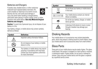 Safety Information 91
Batteries and Chargers
If jewelry, keys, beaded chains, or other conductive
materials touch exposed battery terminals, this
could complete an electrical circuit (short circuit),
become very hot, and could cause damage or
injury. Be careful when handling a charged battery,
particularly when placing it inside a pocket, purse, or other
container with metal objects. Use only Motorola Original
batteries and chargers.
Caution: To avoid risk of personal injury, do not dispose of your
battery in a fire.
Your battery, charger, or mobile device may contain symbols,
defined as follows:
Choking Hazards
Your mobile device or its accessories may include detachable
parts, which may present a choking hazard to small children. Keep
your mobile device and its accessories away from small children.
Glass Parts
Some parts of your mobile device may be made of glass. This glass
could break if the product is dropped on a hard surface or receives
a substantial impact. If glass breaks, do not touch or attempt to
remove. Stop using your mobile device until the glass is replaced
by a qualified service center.
Symbol Definition
Important safety information follows.
Do not dispose of your battery or mobile
device in a fire.
Your battery or mobile device may require
recycling in accordance with local laws.
Contact your local regulatory authorities
for more information.
032374o
032376o
032375o
Do not throw your battery or mobile device
in the trash.
Your mobile device contains an internal
lithium ion battery.
Do not let your battery, charger, or mobile
device get wet.
Listening at full volume to music or voice
through a headset may damage your
hearing.
Symbol Definition
032378o
Li Ion BATT
 
