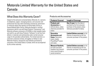 Warranty 95
Motorola Limited Warranty for the United States and
Canada
Warranty
What Does this Warranty Cover?
Subject to the exclusions contained below, Motorola, Inc. warrants
its telephones, pagers, messaging devices, and consumer and
professional two-way radios (excluding commercial, government
or industrial radios) that operate via Family Radio Service or
General Mobile Radio Service, Motorola-branded or certified
accessories sold for use with these Products (“Accessories”) and
Motorola software contained on CD-ROMs or other tangible media
and sold for use with these Products (“Software”) to be free from
defects in materials and workmanship under normal consumer
usage for the period(s) outlined below. This limited warranty is a
consumer's exclusive remedy, and applies as follows to new
Motorola Products, Accessories and Software purchased by
consumers in the United States or Canada, which are accompanied
by this written warranty:
Products and Accessories
Products Covered Length of Coverage
Products and
Accessories as
defined above, unless
otherwise provided for
below.
One (1) year from the date of
purchase by the first consumer
purchaser of the product unless
otherwise provided for below.
Decorative
Accessories and
Cases. Decorative
covers, bezels,
PhoneWrap™ covers
and cases.
Limited lifetime warranty for the
lifetime of ownership by the first
consumer purchaser of the product.
Monaural Headsets.
Ear buds and boom
headsets that transmit
mono sound through a
wired connection.
Limited lifetime warranty for the
lifetime of ownership by the first
consumer purchaser of the product.
 