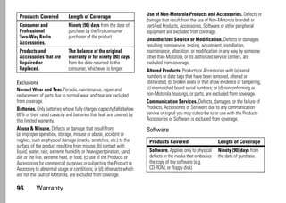 96 Warranty
Exclusions
Normal Wear and Tear. Periodic maintenance, repair and
replacement of parts due to normal wear and tear are excluded
from coverage.
Batteries. Only batteries whose fully charged capacity falls below
80% of their rated capacity and batteries that leak are covered by
this limited warranty.
Abuse & Misuse. Defects or damage that result from:
(a) improper operation, storage, misuse or abuse, accident or
neglect, such as physical damage (cracks, scratches, etc.) to the
surface of the product resulting from misuse; (b) contact with
liquid, water, rain, extreme humidity or heavy perspiration, sand,
dirt or the like, extreme heat, or food; (c) use of the Products or
Accessories for commercial purposes or subjecting the Product or
Accessory to abnormal usage or conditions; or (d) other acts which
are not the fault of Motorola, are excluded from coverage.
Use of Non-Motorola Products and Accessories. Defects or
damage that result from the use of Non-Motorola branded or
certified Products, Accessories, Software or other peripheral
equipment are excluded from coverage.
Unauthorized Service or Modification. Defects or damages
resulting from service, testing, adjustment, installation,
maintenance, alteration, or modification in any way by someone
other than Motorola, or its authorized service centers, are
excluded from coverage.
Altered Products. Products or Accessories with (a) serial
numbers or date tags that have been removed, altered or
obliterated; (b) broken seals or that show evidence of tampering;
(c) mismatched board serial numbers; or (d) nonconforming or
non-Motorola housings, or parts, are excluded from coverage.
Communication Services. Defects, damages, or the failure of
Products, Accessories or Software due to any communication
service or signal you may subscribe to or use with the Products
Accessories or Software is excluded from coverage.
Software
Consumer and
Professional
Two-Way Radio
Accessories.
Ninety (90) days from the date of
purchase by the first consumer
purchaser of the product.
Products and
Accessories that are
Repaired or
Replaced.
The balance of the original
warranty or for ninety (90) days
from the date returned to the
consumer, whichever is longer.
Products Covered Length of Coverage
Products Covered Length of Coverage
Software. Applies only to physical
defects in the media that embodies
the copy of the software (e.g.
CD-ROM, or floppy disk).
Ninety (90) days from
the date of purchase.
 
