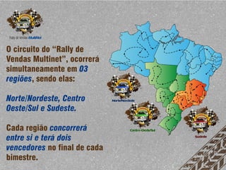 O circuito do “Rally de
Vendas Multinet”, ocorrerá
simultaneamente em 03
regiões, sendo elas:

Norte/Nordeste, Centro
Oeste/Sul e Sudeste.

Cada região concorrerá
entre si e terá dois
vencedores no final de cada
bimestre.
 