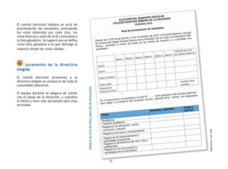 27
El comité electoral elabora un acta de
proclamación de resultados, precisando
los votos obtenidos por cada lista, los
votos blancos y nulos de la IE y proclama a
la lista ganadora. Se sugiere que se defina
como lista ganadora a la que obtenga la
mayoría simple de votos válidos.
o Juramento de la directiva
elegida
El comité electoral juramenta a la
directiva elegida en presencia de toda la
comunidad educativa.
El equipo docente se asegura de contar
con el apoyo de la dirección, y coordina
la fecha y hora más apropiada para esta
actividad.
Elaboración:GIEE-ONPE
MODELODEACTADEPROCLAMACIÓNDERESULTADOS
 