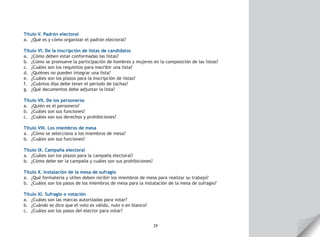29
Título V. Padrón electoral
a.	 ¿Qué es y cómo organizar el padrón electoral?
Título VI. De la inscripción de listas de candidatos
a.	 ¿Cómo deben estar conformadas las listas?
b.	 ¿Cómo se promueve la participación de hombres y mujeres en la composición de las listas?
c.	 ¿Cuáles son los requisitos para inscribir una lista?
d.	 ¿Quiénes no pueden integrar una lista?
e.	 ¿Cuáles son los plazos para la inscripción de listas?
f.	 ¿Cuántos días debe tener el periodo de tachas?
g.	 ¿Qué documentos debe adjuntar la lista?
Título VII. De los personeros
a.	 ¿Quién es el personero?
b.	 ¿Cuáles son sus funciones?
c.	 ¿Cuáles son sus derechos y prohibiciones?
Título VIII. Los miembros de mesa
a.	 ¿Cómo se selecciona a los miembros de mesa?
b.	 ¿Cuáles son sus funciones?
Título IX. Campaña electoral
a.	 ¿Cuáles son los plazos para la campaña electoral?
b.	 ¿Cómo debe ser la campaña y cuáles son sus prohibiciones?
Título X. Instalación de la mesa de sufragio
a.	 ¿Qué formatería y útiles deben recibir los miembros de mesa para realizar su trabajo?
b.	 ¿Cuáles son los pasos de los miembros de mesa para la instalación de la mesa de sufragio?
Título XI. Sufragio o votación
a.	 ¿Cuáles son las marcas autorizadas para votar?
b.	 ¿Cuándo se dice que el voto es válido, nulo o en blanco?
c.	 ¿Cuáles son los pasos del elector para votar?
 