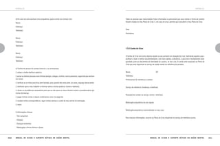 apêndice

d) Em caso de uma eventual crise psiquiátrica, queira entrar em contato com:
Nome:

apêndice

Todas as pessoas aqui mencionadas foram informadas e autorizaram que seus nomes e forma de contato
fossem citadas no meu Plano de Crise. E, em caso de crise, permito que consultem o meu Plano de Crise.

Endereço:
Telefones:

Data:
Assinatura:

Nome:
Endereço:
Telefones:
1.7.2) Cartão de Crise:
Nome:
Endereço:
Telefones:

O Cartão de Crise tem como objetivo ajudar ao seu portador em situação de crise, facilitando aqueles que o
acolhem a fazer o melhor encaminhamento, com mais rapidez e eficiência, e para isto é fundamental estar
guardado junto ao documento de identidade do usuário, no dia a dia. O cartão está associado ao Plano de
Crise que está disponível no serviço de saúde mental de referência do portador.

e) Tarefas da pessoa de contato (marcar e, ou acrescentar):
( ) avisar a minha família e apoiá-la.

Nome:

( ) avisar as demais pessoas mais íntimas (amigos, colegas, vizinhos, outros parentes), sugerindo que venham
me visitar.

AP:

Telefones:
Profissionais de referência e contato:

( ) verificar se a minha casa ficou bem fechada, pois quando não estou bem, às vezes, esqueço dessa tarefa.
( ) telefonar para o meu trabalho e informar sobre a minha ausência: (nome e telefone).
( ) tomar as providências necessárias para que eu não perca os meus direitos sociais e previdenciários por
motivo de doença.
( ) pagar minhas contas e depois combinamos como irei pagá-las.
( ) receber minha correspondência, regar minhas plantas e cuidar de meu animal de estimação.
( ) outra:

f) Informações clínicas:
- Tipo sanguíneo:
- Alergias:

Serviço de referência: (endereço e telefone).

Pessoa(s) de contato no serviço: (nome e telefone).

Medicação psiquiátrica de uso regular:

Medicação psiquiátrica contraindicada no meu caso:

Para maiores informações, recorrer ao Plano de Crise disponível no serviço de referência acima.

- Doenças existentes:
- Medicações clínicas diárias e doses:

250

Manual de ajuda e suporte mútuos em saúde mental

Manual de ajuda e suporte mútuos em saúde mental

251

 