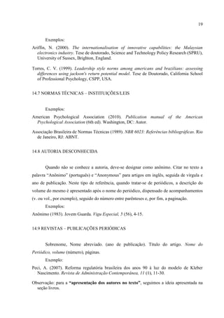 19
Exemplos:
Ariffin, N. (2000). The internationalisation of innovative capabilities: the Malaysian
electronics industry. Tese de doutorado, Science and Technology Policy Research (SPRU),
University of Sussex, Brighton, England.
Torres, C. V. (1999). Leadership style norms among americans and brazilians: assessing
differences using jackson's return potential model. Tese de Doutorado, California School
of Professional Psychology, CSPP, USA.
14.7 NORMAS TÉCNICAS – INSTITUIÇÕES/LEIS
Exemplos:
American Psychological Association (2010). Publication manual of the American
Psychological Association (6th ed). Washington, DC: Autor.
Associação Brasileira de Normas Técnicas (1989). NBR 6023: Referências bibliográficas. Rio
de Janeiro, RJ: ABNT.
14.8 AUTORIA DESCONHECIDA
Quando não se conhece a autoria, deve-se designar como anônimo. Citar no texto a
palavra “Anônimo” (português) e “Anonymous” para artigos em inglês, seguida de vírgula e
ano de publicação. Neste tipo de referência, quando tratar-se de periódicos, a descrição do
volume do mesmo é apresentado após o nome do periódico, dispensado de acompanhamentos
(v. ou vol., por exemplo), seguido do número entre parênteses e, por fim, a paginação.
Exemplos:
Anônimo (1983). Jovem Guarda. Vigu Especial, 5 (56), 4-15.
14.9 REVISTAS – PUBLICAÇÕES PERIÓDICAS
Sobrenome, Nome abreviado. (ano de publicação). Título do artigo. Nome do
Periódico, volume (número), páginas.
Exemplo:
Peci, A. (2007). Reforma regulatória brasileira dos anos 90 à luz do modelo de Kleber
Nascimento. Revista de Administração Contemporânea, 11 (1), 11-30.
Observação: para a “apresentação dos autores no texto”, seguimos a ideia apresentada na
seção livros.
 