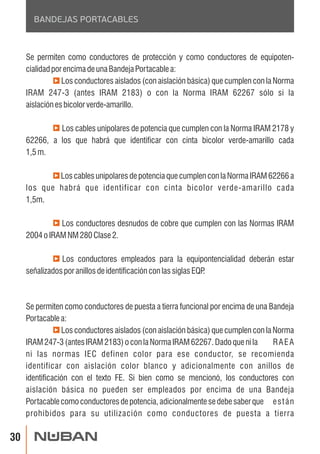 30 
BANDEJAS PORTACABLES 
Se permiten como conductores de protección y como conductores de equipoten-cialidad 
por encima de una Bandeja Portacable a: 
Los conductores aislados (con aislación básica) que cumplen con la Norma 
IRAM 247-3 (antes IRAM 2183) o con la Norma IRAM 62267 sólo si la 
aislación es bicolor verde-amarillo. 
Los cables unipolares de potencia que cumplen con la Norma IRAM 2178 y 
62266, a los que habrá que identificar con cinta bicolor verde-amarillo cada 
1,5 m. 
Los cables unipolares de potencia que cumplen con la Norma IRAM 62266 a 
los que habrá que identificar con cinta bicolor verde-amarillo cada 
1,5m. 
Los conductores desnudos de cobre que cumplen con las Normas IRAM 
2004 o IRAM NM 280 Clase 2. 
Los conductores empleados para la equipontencialidad deberán estar 
señalizados por anillos de identificación con las siglas EQP. 
Se permiten como conductores de puesta a tierra funcional por encima de una Bandeja 
Portacable a: 
Los conductores aislados (con aislación básica) que cumplen con la Norma 
IRAM 247-3 (antes IRAM 2183) o con la Norma IRAM 62267. Dado que ni la RA E A 
ni las normas IEC definen color para ese conductor, se recomienda 
identificar con aislación color blanco y adicionalmente con anillos de 
identificación con el texto FE. Si bien como se mencionó, los conductores con 
aislación básica no pueden ser empleados por encima de una Bandeja 
Portacable como conductores de potencia, adicionalmente se debe saber que e s t á n 
prohibidos para su utilización como conductores de puesta a tierra 
 