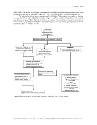 P á g i n a | 114
Manual de Obstetricia y Ginecología. Dr. Jorge A Carvajal y Dra Ma Isabel Barriga. Decimotercera Edición. 2022.
2014; 3580 (1.5%) de ellos domiciliarios, muestra que la mortalidad perinatal en partos domiciliarios en globo
(incluyendo embarazos de bajo y alto riesgo) es 2.9 veces mayor que la de los partos intrahospitalarios.
Por lo tanto, las últimas recomendaciones de la ACOG dicen: "A las mujeres interesadas en planificar
un parto domiciliario se les debe informar de los riesgos y beneficios basados en la evidencia más reciente.
Específicamente, que, si bien el parto domiciliario se asocia a menores intervenciones maternas que el
intrahospitalario, el parto domiciliario tiene el doble de riesgo de muerte perinatal, y el triple de convulsiones
neonatales y daño neurológico severo”.
 