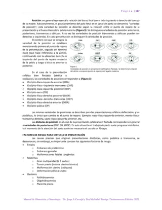 P á g i n a | 167
Manual de Obstetricia y Ginecología. Dr. Jorge A Carvajal y Dra Ma Isabel Barriga. Decimotercera Edición. 2022.
Posición: en general representa la relación del dorso fetal con el lado izquierdo o derecho del cuerpo
de la madre. Adicionalmente, el posicionamiento del polo fetal en el canal de parto se denomina “variedad
de posición”; esta variedad de posición se describe según la relación entre el punto de reparo de la
presentación y el hueso iliaco de la pelvis materna (Figura 3). Se distinguen variedades de posición: anteriores,
posteriores, transversas y oblicuas. A su vez las variedades de posición transversas y oblicuas pueden ser
derechas o izquierdas. En cada presentación se distinguen 8 variedades de posición.
El nombre con que se designa la
variedad de la posición se establece
mencionando primero el punto de reparo
de la presentación, seguido del término
ilíaco (que hace referencia a la pelvis),
continuando con la ubicación derecha o
izquierda del punto de reparo respecto
de la pelvis y luego si ésta es anterior o
posterior.
En el caso de la presentación
cefálica bien flectada (vértice u
occipucio), las variedades de posición corresponden a (Figura 3):
• Occípito-ilíaca-izquierda-anterior (OllA)
• Occípito-ilíaca -izquierda -transversa (OIIT)
• Occípito-ilíaca-izquierda-posterior (OIIP)
• Occípito-sacra (OS)
• Occípito-ilíaca-derecha-posterior (OIDP)
• Occípito-ilíaca -derecha -transversa (OIDT)
• Occípito-ilíaca-derecha-anterior (OIDA)
• Occípito-púbica (OP)
Las mismas variedades de posiciones se describen para las presentaciones cefálicas deflectadas, y las
podálicas, lo único que cambia es el punto de reparo. Ejemplo: naso-ilíaca-izquierda-anterior, mento-ilíaca-
transversa-derecha, sacro-ilíaca-izquierda-anterior, etc.
Las distocias de posición en el caso de la presentación cefálica bien flectada corresponden en general
a variedades de posteriores (OIIP, OS, OIDP). En esta situación el trabajo de parto suele progresar más lento,
y al momento de la atención del parto suele ser necesario el uso de un fórceps.
FACTORES DE RIESGO PARA DISTOCIA DE PRESENTACIÓN
Las causas precisas que originan presentaciones distócicas, como podálica o transversa, se
desconocen; sin embargo, es importante conocer los siguientes factores de riesgo:
• Fetales
o Embarazo de pretérmino
o Embarazo gemelar
o Malformaciones fetales congénitas
• Maternas
o Gran multiparidad (≥ 5 partos)
o Tumor previo (mioma uterino ístmico)
o Malformación uterina (tabiques)
o Deformación pélvica severa
• Ovulares
o Polihidroamnios
o Oligohidroamnios
o Placenta previa
 