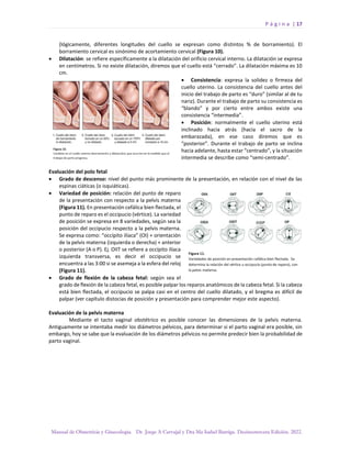 P á g i n a | 17
Manual de Obstetricia y Ginecología. Dr. Jorge A Carvajal y Dra Ma Isabel Barriga. Decimotercera Edición. 2022.
(lógicamente, diferentes longitudes del cuello se expresan como distintos % de borramiento). El
borramiento cervical es sinónimo de acortamiento cervical (Figura 10).
• Dilatación: se refiere específicamente a la dilatación del orificio cervical interno. La dilatación se expresa
en centímetros. Si no existe dilatación, diremos que el cuello está “cerrado”. La dilatación máxima es 10
cm.
• Consistencia: expresa la solidez o firmeza del
cuello uterino. La consistencia del cuello antes del
inicio del trabajo de parto es “duro” (similar al de tu
nariz). Durante el trabajo de parto su consistencia es
“blando” y por cierto entre ambos existe una
consistencia “intermedia”.
• Posición: normalmente el cuello uterino está
inclinado hacia atrás (hacia el sacro de la
embarazada), en ese caso diremos que es
“posterior”. Durante el trabajo de parto se inclina
hacia adelante, hasta estar “centrado”, y la situación
intermedia se describe como “semi-centrado”.
Evaluación del polo fetal
• Grado de descenso: nivel del punto más prominente de la presentación, en relación con el nivel de las
espinas ciáticas (o isquiáticas).
• Variedad de posición: relación del punto de reparo
de la presentación con respecto a la pelvis materna
(Figura 11). En presentación cefálica bien flectada, el
punto de reparo es el occipucio (vértice). La variedad
de posición se expresa en 8 variedades, según sea la
posición del occipucio respecto a la pelvis materna.
Se expresa como: “occípito ilíaca” (OI) + orientación
de la pelvis materna (izquierda o derecha) + anterior
o posterior (A o P). Ej. OIIT se refiere a occípito ilíaca
izquierda transversa, es decir el occipucio se
encuentra a las 3:00 si se asemeja a la esfera del reloj
(Figura 11).
• Grado de flexión de la cabeza fetal: según sea el
grado de flexión de la cabeza fetal, es posible palpar los reparos anatómicos de la cabeza fetal. Si la cabeza
está bien flectada, el occipucio se palpa casi en el centro del cuello dilatado, y el bregma es difícil de
palpar (ver capítulo distocias de posición y presentación para comprender mejor este aspecto).
Evaluación de la pelvis materna
Mediante el tacto vaginal obstétrico es posible conocer las dimensiones de la pelvis materna.
Antiguamente se intentaba medir los diámetros pélvicos, para determinar si el parto vaginal era posible, sin
embargo, hoy se sabe que la evaluación de los diámetros pélvicos no permite predecir bien la probabilidad de
parto vaginal.
 