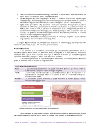 P á g i n a | 187
Manual de Obstetricia y Ginecología. Dr. Jorge A Carvajal y Dra Ma Isabel Barriga. Decimotercera Edición. 2022.
• Tono: La causa más frecuente de hemorragia posparto es la inercia uterina (90%). Se entiende por
inercia uterina a la retracción uterina posparto ineficiente.
• Trauma: desgarros del canal del parto (6%). Aumenta su incidencia en asociación al parto vaginal
asistido (fórceps). También es posible que la hemorragia posparto se deba a una rotura uterina. La
rotura uterina requiere la existencia de una cicatriz uterina previa (cesárea o miomectomía).
• Tejido: restos placentarios (4%). Se refiere a extracción incompleta de la placenta, quedando
fragmentos de cotiledones y/o membranas fetales en la cavidad uterina. En la atención del parto por
médico, como ocurre en la UC, la presencia de restos se evita pues a toda paciente se le hace una
revisión instrumental (raspado uterino) posparto. Esto es posible pues todas las pacientes están con
anestesia y el parto es atendido siempre por el médico. El acretismo placentario es causa de
retención de la placenta y hemorragia posparto.
• Trastorno de la Hemostasia: es una causa infrecuente de hemorragia posparto, y puede deberse a
coagulopatías o alteraciones de la función plaquetaria.
En la figura 2 presentamos el esquema de manejo diagnóstico de la hemorragia puerperal precoz. Debe
recordarse que inercia es la causa más frecuente, pero no la única.
Acretismo Placentario
Es una anomalía en la placentación, caracterizado por una adherencia anormalmente fija de la
placenta a la pared uterina. Existe una deficiencia, parcial o completa, de la decidua basal y el desarrollo
incompleto de la capa de fibrina (conocida como capa de Nitabuch) de manera que la línea fisiológica de
separación entre la zona esponjosa y la zona basal decidual no es visible.
En el acretismo placentario, las vellosidades se fijan al miometrio, lo invaden o penetran. Existe tres
grados de acretismo como se muestra en la siguiente tabla:
Grados de Acretismo Placentario
Acreta La placenta se fija directamente a la pared miometrial, de modo que no es posible el
alumbramiento y retracción uterina fisiológica posparto
Increta Las vellosidades placentarias invaden el espesor del miometrio. Desde afuera el útero se ve
negro e infiltrado con sangre: “Útero de Couvelaire” (el útero de Couvelaire también puede
presentarse en el DPPNI)
Percreta Las vellosidades coriales traspasan la pared miometrial e invaden tejidos vecinos,
habitualmente vejiga y/o recto
El principal factor de riesgo para la existencia del acretismo placentario es la placenta previa oclusiva
(PPO), especialmente en casos de cicatriz uterina de cesárea, como veremos en la tabla a continuación.
 