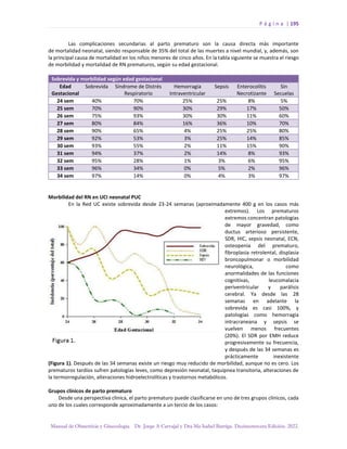 P á g i n a | 195
Manual de Obstetricia y Ginecología. Dr. Jorge A Carvajal y Dra Ma Isabel Barriga. Decimotercera Edición. 2022.
Las complicaciones secundarias al parto prematuro son la causa directa más importante
de mortalidad neonatal, siendo responsable de 35% del total de las muertes a nivel mundial, y, además, son
la principal causa de mortalidad en los niños menores de cinco años. En la tabla siguiente se muestra el riesgo
de morbilidad y mortalidad de RN prematuros, según su edad gestacional.
Sobrevida y morbilidad según edad gestacional
Edad
Gestacional
Sobrevida Síndrome de Distrés
Respiratorio
Hemorragia
Intraventricular
Sepsis Enterocolitis
Necrotizante
Sin
Secuelas
24 sem 40% 70% 25% 25% 8% 5%
25 sem 70% 90% 30% 29% 17% 50%
26 sem 75% 93% 30% 30% 11% 60%
27 sem 80% 84% 16% 36% 10% 70%
28 sem 90% 65% 4% 25% 25% 80%
29 sem 92% 53% 3% 25% 14% 85%
30 sem 93% 55% 2% 11% 15% 90%
31 sem 94% 37% 2% 14% 8% 93%
32 sem 95% 28% 1% 3% 6% 95%
33 sem 96% 34% 0% 5% 2% 96%
34 sem 97% 14% 0% 4% 3% 97%
Morbilidad del RN en UCI neonatal PUC
En la Red UC existe sobrevida desde 23-24 semanas (aproximadamente 400 g en los casos más
extremos). Los prematuros
extremos concentran patologías
de mayor gravedad, como
ductus arterioso persistente,
SDR, HIC, sepsis neonatal, ECN,
osteopenia del prematuro,
fibroplasia retrolental, displasia
broncopulmonar o morbilidad
neurológica, como
anormalidades de las funciones
cognitivas, leucomalacia
periventricular y parálisis
cerebral. Ya desde las 28
semanas en adelante la
sobrevida es casi 100%, y
patologías como hemorragia
intracraneana y sepsis se
vuelven menos frecuentes
(20%). El SDR por EMH reduce
progresivamente su frecuencia,
y después de las 34 semanas es
prácticamente inexistente
(Figura 1). Después de las 34 semanas existe un riesgo muy reducido de morbilidad, aunque no es cero. Los
prematuros tardíos sufren patologías leves, como depresión neonatal, taquipnea transitoria, alteraciones de
la termorregulación, alteraciones hidroelectrolíticas y trastornos metabólicos.
Grupos clínicos de parto prematuro
Desde una perspectiva clínica, el parto prematuro puede clasificarse en uno de tres grupos clínicos, cada
uno de los cuales corresponde aproximadamente a un tercio de los casos:
 