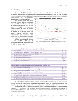 P á g i n a | 21
Manual de Obstetricia y Ginecología. Dr. Jorge A Carvajal y Dra Ma Isabel Barriga. Decimotercera Edición. 2022.
Mortalidad fetal, neonatal e infantil
Desde los años 90’, las tasas de mortalidad infantil y neonatal han tenido una tendencia decreciente,
sin embargo, la tasa de mortalidad fetal presentó un incremento sostenido entre el 2000 y el 2006, para luego
mantenerse hasta hoy (Figura 3). Este aumento podría explicarse por los cambios demográficos mencionados,
principalmente el envejecimiento
poblacional de la mujer en edad fértil.
Las mujeres entre 15-35 años
presentan menores tasas de mortalidad
fetal, neonatal e infantil, comparado con
las mujeres mayores de 35 años, en que
estos riesgos aumentan
significativamente. El riesgo de muerte
fetal, neonatal e infantil también aumenta
en mujeres de 10-14 años, grupo que
requiere especial atención, pues
habitualmente son embarazos no
planificados que podrían evitarse con un
adecuado plan educativo a esta población.
La tasa de mortalidad infantil
para Chile en 2017 fue de 7,1, es decir 7
defunciones de menores de un año de vida
por cada mil nacidos vivos.
Causas de muerte fetal tardía (mortinatos) en Chile año 2015
• Hipoxia (27%) 26.4 %
• Complicaciones de la placenta y anexos ovulares (21%) 20.2 %
• Complicaciones maternas del embarazo (16%) 15.9 %
• Malformaciones congénitas (13%) 12.0 %
• Otras varias no específicas (11%) 11.3 %
• Complicaciones maternas no relacionadas con el embarazo (6%) 5.9 %
• Restricción de crecimiento (3%) 2.9 %
Causas de mortalidad neonatal precoz (mortineonato) en Chile año 2015
• MFC y anomalías cromosómicas 57.7 %
• Trastornos relacionados con duración corta de la gestación y con bajo peso al nacer 28.4 %
• Dificultad respiratoria del recién nacido 13.4 %
• RN afectado por complicaciones maternas del embarazo 9.5 %
• Asfixia al nacer 9.2 %
• Otros problemas respiratorios originados en el período perinatal 6.5 %
• Sepsis bacteriana del recién nacido 6.4 %
• RN afectado por complicaciones de placenta, cordón umbilical y membranas 4.9 %
El 55% de las muertes neonatales precoces ocurren dentro del primer día de vida: prematuro
extremo, asfixia grave, malformación congénita incompatible con la vida. Por eso, es importante que, si se
sospecha alguno de estos problemas, exista un neonatólogo disponible en la sala de parto.
La mortalidad neonatal precoz se correlaciona directa y significativamente con el bajo peso al nacer
(< 2500 gr) y la prematurez (< 37 semanas). La malformación congénita más frecuente como causa de
mortalidad neonatal precoz es la anencefalia. Las malformaciones congénitas más frecuentes son las
malformaciones cardiacas.
 