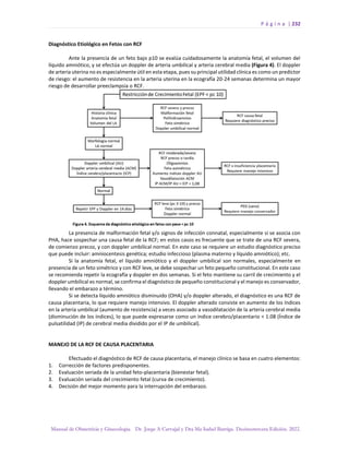 P á g i n a | 232
Manual de Obstetricia y Ginecología. Dr. Jorge A Carvajal y Dra Ma Isabel Barriga. Decimotercera Edición. 2022.
Diagnóstico Etiológico en Fetos con RCF
Ante la presencia de un feto bajo p10 se evalúa cuidadosamente la anatomía fetal, el volumen del
líquido amniótico, y se efectúa un doppler de arteria umbilical y arteria cerebral media (Figura 4). El doppler
de arteria uterina no es especialmente útil en esta etapa, pues su principal utilidad clínica es como un predictor
de riesgo: el aumento de resistencia en la arteria uterina en la ecografía 20-24 semanas determina un mayor
riesgo de desarrollar preeclampsia o RCF.
La presencia de malformación fetal y/o signos de infección connatal, especialmente si se asocia con
PHA, hace sospechar una causa fetal de la RCF; en estos casos es frecuente que se trate de una RCF severa,
de comienzo precoz, y con doppler umbilical normal. En este caso se requiere un estudio diagnóstico preciso
que puede incluir: amniocentesis genética; estudio infeccioso (plasma materno y líquido amniótico); etc.
Si la anatomía fetal, el líquido amniótico y el doppler umbilical son normales, especialmente en
presencia de un feto simétrico y con RCF leve, se debe sospechar un feto pequeño constitucional. En este caso
se recomienda repetir la ecografía y doppler en dos semanas. Si el feto mantiene su carril de crecimiento y el
doppler umbilical es normal, se confirma el diagnóstico de pequeño constitucional y el manejo es conservador,
llevando el embarazo a término.
Si se detecta líquido amniótico disminuido (OHA) y/o doppler alterado, el diagnóstico es una RCF de
causa placentaria, lo que requiere manejo intensivo. El doppler alterado consiste en aumento de los índices
en la arteria umbilical (aumento de resistencia) a veces asociado a vasodilatación de la arteria cerebral media
(disminución de los índices), lo que puede expresarse como un índice cerebro/placentario < 1.08 (Índice de
pulsatilidad (IP) de cerebral media dividido por el IP de umbilical).
MANEJO DE LA RCF DE CAUSA PLACENTARIA
Efectuado el diagnóstico de RCF de causa placentaria, el manejo clínico se basa en cuatro elementos:
1. Corrección de factores predisponentes.
2. Evaluación seriada de la unidad feto-placentaria (bienestar fetal).
3. Evaluación seriada del crecimiento fetal (curva de crecimiento).
4. Decisión del mejor momento para la interrupción del embarazo.
 