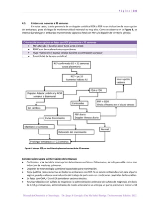 P á g i n a | 235
Manual de Obstetricia y Ginecología. Dr. Jorge A Carvajal y Dra Ma Isabel Barriga. Decimotercera Edición. 2022.
4.3. Embarazos menores a 32 semanas
En estos casos, la sola presencia de un doppler umbilical FDA o FDR no es indicación de interrupción
del embarazo, pues el riesgo de morbimortalidad neonatal es muy alto. Como se observa en la Figura 6, se
intentará prolongar el embarazo manteniendo vigilancia fetal con PBF y/o doppler de territorio venoso.
Criterios de interrupción en fetos con RCF placentaria < 32 semanas
• PBF alterado < 6/10 (es decir 4/10, 2/10 o 0/10)
• RBNE con desaceleraciones espontáneas
• Flujo reverso en el ductus venoso durante la contracción auricular
• Pulsatilidad de la vena umbilical
Consideraciones para la interrupción del embarazo
• Corticoides: si se decide la interrupción del embarazo en fetos < 34 semanas, es indispensable contar con
inducción de madurez pulmonar.
• Disponer de neonatología y personal capacitado para reanimación.
• No se justifica cesárea electiva en todos los embarazos con RCF. Si no existe contraindicación para el parto
vaginal, puede realizarse una inducción del trabajo de parto aún con condiciones cervicales desfavorables.
• En fetos con OHA, FDA o FDR considerar cesárea electiva.
• Neuroprotección con sulfato de magnesio: la administración antenatal de sulfato de magnesio, en dosis
de 4-10 g endovenoso, administradas de modo antenatal si se anticipa un parto prematuro menor a 34
 