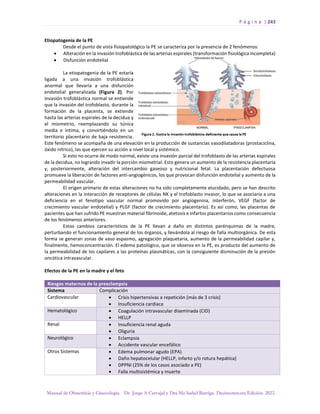 P á g i n a | 243
Manual de Obstetricia y Ginecología. Dr. Jorge A Carvajal y Dra Ma Isabel Barriga. Decimotercera Edición. 2022.
Etiopatogenia de la PE
Desde el punto de vista fisiopatológico la PE se caracteriza por la presencia de 2 fenómenos:
• Alteración en la invasión trofoblástica de las arterias espirales (transformación fisiológica incompleta)
• Disfunción endotelial
La etiopatogenia de la PE estaría
ligada a una invasión trofoblástica
anormal que llevaría a una disfunción
endotelial generalizada (Figura 2). Por
invasión trofoblástica normal se entiende
que la invasión del trofoblasto, durante la
formación de la placenta, se extiende
hasta las arterias espirales de la decidua y
el miometrio, reemplazando su túnica
media e íntima, y convirtiéndolo en un
territorio placentario de baja resistencia.
Este fenómeno se acompaña de una elevación en la producción de sustancias vasodilatadoras (prostaciclina,
óxido nítrico), las que ejercen su acción a nivel local y sistémico.
Si esto no ocurre de modo normal, existe una invasión parcial del trofoblasto de las arterias espirales
de la decidua, no logrando invadir la porción miometrial. Esto genera un aumento de la resistencia placentaria
y, posteriormente, alteración del intercambio gaseoso y nutricional fetal. La placentación defectuosa
promueve la liberación de factores anti-angiogénicos, los que provocan disfunción endotelial y aumento de la
permeabilidad vascular.
El origen primario de estas alteraciones no ha sido completamente elucidado, pero se han descrito
alteraciones en la interacción de receptores de células NK y el trofoblasto invasor, lo que se asociaría a una
deficiencia en el fenotipo vascular normal promovido por angiogenina, interferón, VEGF (factor de
crecimiento vascular endotelial) y PLGF (factor de crecimiento placentario). Es así como, las placentas de
pacientes que han sufrido PE muestran material fibrinoide, atetosis e infartos placentarios como consecuencia
de los fenómenos anteriores.
Estos cambios característicos de la PE llevan a daño en distintos parénquimas de la madre,
perturbando el funcionamiento general de los órganos, y llevándola al riesgo de falla multiorgánica. De esta
forma se generan zonas de vaso espasmo, agregación plaquetaria, aumento de la permeabilidad capilar y,
finalmente, hemoconcentración. El edema patológico, que se observa en la PE, es producto del aumento de
la permeabilidad de los capilares a las proteínas plasmáticas, con la consiguiente disminución de la presión
oncótica intravascular.
Efectos de la PE en la madre y el feto
Riesgos maternos de la preeclampsia
Sistema Complicación
Cardiovascular • Crisis hipertensivas a repetición (más de 3 crisis)
• Insuficiencia cardiaca
Hematológico • Coagulación intravascular diseminada (CID)
• HELLP
Renal • Insuficiencia renal aguda
• Oliguria
Neurológico • Eclampsia
• Accidente vascular encefálico
Otros Sistemas • Edema pulmonar agudo (EPA)
• Daño hepatocelular (HELLP, infarto y/o rotura hepática)
• DPPNI (25% de los casos asociado a PE)
• Falla multisistémica y muerte
 