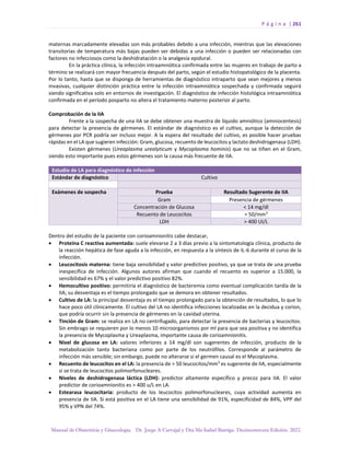 P á g i n a | 261
Manual de Obstetricia y Ginecología. Dr. Jorge A Carvajal y Dra Ma Isabel Barriga. Decimotercera Edición. 2022.
maternas marcadamente elevadas son más probables debido a una infección, mientras que las elevaciones
transitorias de temperatura más bajas pueden ser debidas a una infección o pueden ser relacionadas con
factores no infecciosos como la deshidratación o la analgesia epidural.
En la práctica clínica, la infección intraamniótica confirmada entre las mujeres en trabajo de parto a
término se realizará con mayor frecuencia después del parto, según el estudio histopatológico de la placenta.
Por lo tanto, hasta que se disponga de herramientas de diagnóstico intraparto que sean mejores y menos
invasivas, cualquier distinción práctica entre la infección intraamniótica sospechada y confirmada seguirá
siendo significativa solo en entornos de investigación. El diagnóstico de infección histológica intraamniótica
confirmada en el período posparto no altera el tratamiento materno posterior al parto.
Comprobación de la IIA
Frente a la sospecha de una IIA se debe obtener una muestra de líquido amniótico (amniocentesis)
para detectar la presencia de gérmenes. El estándar de diagnóstico es el cultivo, aunque la detección de
gérmenes por PCR podría ser incluso mejor. A la espera del resultado del cultivo, es posible hacer pruebas
rápidas en el LA que sugieren infección: Gram, glucosa, recuento de leucocitos y lactato deshidrogenasa (LDH).
Existen gérmenes (Ureaplasma urealyticum y Mycoplasma hominis) que no se tiñen en el Gram,
siendo esto importante pues estos gérmenes son la causa más frecuente de IIA.
Estudio de LA para diagnóstico de infección
Estándar de diagnóstico Cultivo
Exámenes de sospecha Prueba Resultado Sugerente de IIA
Gram Presencia de gérmenes
Concentración de Glucosa < 14 mg/dl
Recuento de Leucocitos > 50/mm3
LDH > 400 UI/L
Dentro del estudio de la paciente con corioamnionitis cabe destacar,
• Proteína C reactiva aumentada: suele elevarse 2 a 3 días previo a la sintomatología clínica, producto de
la reacción hepática de fase aguda a la infección, en respuesta a la síntesis de IL-6 durante el curso de la
infección.
• Leucocitosis materna: tiene baja sensibilidad y valor predictivo positivo, ya que se trata de una prueba
inespecífica de infección. Algunos autores afirman que cuando el recuento es superior a 15.000, la
sensibilidad es 67% y el valor predictivo positivo 82%.
• Hemocultivo positivo: permitiría el diagnóstico de bacteremia como eventual complicación tardía de la
IIA; su desventaja es el tiempo prolongado que se demora en obtener resultados.
• Cultivo de LA: la principal desventaja es el tiempo prolongado para la obtención de resultados, lo que lo
hace poco útil clínicamente. El cultivo del LA no identifica infecciones localizadas en la decidua y corion,
que podría ocurrir sin la presencia de gérmenes en la cavidad uterina.
• Tinción de Gram: se realiza en LA no centrifugado, para detectar la presencia de bacterias y leucocitos.
Sin embrago se requieren por lo menos 10 microorganismos por ml para que sea positiva y no identifica
la presencia de Mycoplasma y Ureaplasma, importante causa de corioamnionitis.
• Nivel de glucosa en LA: valores inferiores a 14 mg/dl son sugerentes de infección, producto de la
metabolización tanto bacteriana como por parte de los neutrófilos. Corresponde al parámetro de
infección más sensible; sin embargo, puede no alterarse si el germen causal es el Mycoplasma.
• Recuento de leucocitos en el LA: la presencia de > 50 leucocitos/mm3
es sugerente de IIA, especialmente
si se trata de leucocitos polimorfonucleares.
• Niveles de deshidrogenasa láctica (LDH): predictor altamente específico y precoz para IIA. El valor
predictor de corioamnionitis es > 400 u/L en LA.
• Estearasa leucocitaria: producto de los leucocitos polimorfonucleares, cuya actividad aumenta en
presencia de IIA. Si está positiva en el LA tiene una sensibilidad de 91%, especificidad de 84%, VPP del
95% y VPN del 74%.
 
