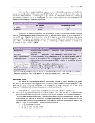 P á g i n a | 267
Manual de Obstetricia y Ginecología. Dr. Jorge A Carvajal y Dra Ma Isabel Barriga. Decimotercera Edición. 2022.
Como se indica en la siguiente tabla, el esquema de prevención basado en tamizaje es más eficiente
que el esquema basado en factores de riesgo. El CDC norteamericano recomienda no mezclar estas dos
estrategias. Adicionalmente, a aquellas mujeres en que el cultivo de rutina no fue tomado o con cultivos (+)
en un embarazo anterior aún sin un recién nacido con sepsis connatal, se considera razonable ofrecer a la
embarazada el tratamiento antibiótico profiláctico.
Análisis de los esquemas de profilaxis
Por tamizaje Por factores de riesgo
% Tratado 12-20% 10-15%
Prevención > 90 % 70%
La profilaxis de la sepsis neonatal por SGB consiste en la administración endovenosa de antibióticos
durante el trabajo de parto. La administración se inicia en la fase activa del trabajo de parto, idealmente al
menos 4 h antes del parto. La administración, antes del trabajo de parto, de antibióticos a embarazadas
colonizadas NO erradica la colonización, ni previene la transmisión al RN, por eso el uso de los antibióticos
debe indicarse durante el trabajo de parto y no antes. La penicilina sigue siendo el antibiótico de elección para
la profilaxis de sepsis neonatal por SGB.
Esquemas de profilaxis antibiótica para SGB intraparto
Recomendado Penicilina Sódica 5 millones UI EV por una vez, y luego, 2.5 millones cada 4 horas
EV hasta el parto
Alternativa Ampicilina 2 g EV por una vez, y luego, 1 g EV cada 4 horas hasta el parto
Alergia a penicilina con
riesgo de anafilaxia
Vancomicina 1 g cada 12 horas EV hasta el parto, si es que no se ha efectuado el
estudio de sensibilidad del SGB a Clindamicina y Eritromicina. En alergia a PNC,
debe solicitarse el antibiograma del SGB y estudiar su sensibilidad a estos
antibióticos
Alergia a penicilina con
riesgo de anafilaxia
Clindamicina 900 mg cada 8 horas EV hasta el parto, o
Eritromicina 500 mg cada 6 horas EV hasta el parto, o
Alergia a penicilina sin
riesgo de anafilaxia
Cefazolina 2 g EV, y luego 1 g cada 8 horas EV hasta el parto
Desde el punto de vista del manejo del RN solo se considera profilaxis adecuada la realizada con penicilina,
ampicilina o cefazolina con la pauta indicada, es decir, aplicación durante 4 o más horas.
Perspectivas futuras
Aun cuando las estrategias de prevención han resultado efectivas en reducir la incidencia de sepsis
por SGB, hay que considerar que implican un costo no menor en exámenes y tratamientos, y existe el riesgo
potencial de crear resistencia antibiótica y de emergencia de otras bacterias, por lo que sería
desproporcionado tratar a todas las embarazadas con antibióticos intraparto.
Por este motivo se necesita un desarrollo de nuevos esquemas entre los que se incluyen:
• Inducción de respuesta inmune activa mediante el uso de vacunas. Estas consisten en la administración
de protein-polisacáridos conjugados de Streptococcus agalactiae serotipo III asociados a toxoide tetánico.
Los estudios han demostrado seguridad e inmunogenicidad con resultados prometedores. Más aún, en
un análisis del año 2005 de las potenciales estrategias de prevención de infección neonatal por SGB
(quimioprofilaxis, inmunización a adolescentes, embarazadas o posparto), la inmunización materna fue
superior a todos los otros modelos, y fue estimado que prevendría:
o 4% de los partos prematuros
o 61-67% de sepsis neonatal precoz
o 70-72% de sepsis neonatal tardía
 