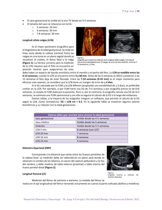 P á g i n a | 36
Manual de Obstetricia y Ginecología. Dr. Jorge A Carvajal y Dra Ma Isabel Barriga. Decimotercera Edición. 2022.
• El saco gestacional es visible en la eco TV desde las 4-5 semanas
• El tamaño del saco se relaciona con la EG:
o 5 semanas: 10 mm
o 6 semanas: 20 mm
o 7-8 semanas: 30 mm
Longitud céfalo nalgas (LCN)
Es el mejor parámetro ecográfico para
el diagnóstico de la edad gestacional. Se mide en
línea recta desde la cabeza (corona) hasta las
nalgas en una toma en un plano sagital donde se
visualicen el cráneo, el dorso fetal y la nalga
(Figura 1). La técnica correcta para la medición
de la LCN requiere que el feto se encuentre en
posición neutral; para asegurarnos de esto,
debe haber un espacio de líquido amniótico entre el mentón y el pecho del feto. La LCN es medible entre las
6-12 semanas, cuando la LCN se encuentra entre 3 y 58 mm. Antes de las 6 semanas es difícil y posterior a las
12 semanas el feto deja de estar flectado. Entre las 7-10 semanas (9-33 mm) es el mejor momento para
efectuar este examen, se considera que la LCN tiene un margen de error de + 4 días.
Si la EG calculada por la FUM y la LCN difieren (aceptando una variabilidad de + 4 días), es preferible
confiar en la LCN. Por ejemplo, si por FUM tiene una EG de 7+2 semanas y por ecografía precoz es de 6+6
semanas, se acepta la FUM dada por la paciente. Pero si, por el contrario, la ecografía calcula una EG de 6+2
semanas, se estimará una FUM operacional y con ella se seguirá el cálculo de la EG a lo largo del embarazo.
Existen tablas, y la mayoría de los ecógrafos integran un software, que permite el cálculo de la EG
según la LCN. Como nemotecnia: EG = LCN cm + 6.5. En la siguiente tabla se muestran algunos valores
biométricos y su relación con la edad gestacional.
Valores útiles que recordar para conocer la edad gestacional
Saco gestacional Visible desde las 4 ½ semanas
Saco vitelino Visible desde las 5 semanas
Embrión Visible desde las 5 ½ semanas
LCN 3 mm 6 semanas (con LCF)
LCN 10 mm 7 semanas
LCN 16 mm 8 semanas
LCN 23 mm 9 semanas
Diámetro biparietal (DBP)
Corresponde a la distancia que existe entre los huesos parietales de
la cabeza fetal. La medición debe ser obtenida en un plano axial donde se
observen la sombra de los tálamos, el cavum del septum pellucidum y la hoz
del cerebro, y debe medirse de tabla externa (proximal) a tabla interna del
hueso parietal distal (Figura 2).
Longitud femoral (LF)
Medición del fémur de extremo a extremo. La medida del fémur se
realiza en el eje longitudinal del fémur teniendo únicamente en cuenta la parte osificada (diáfisis y metáfisis).
 