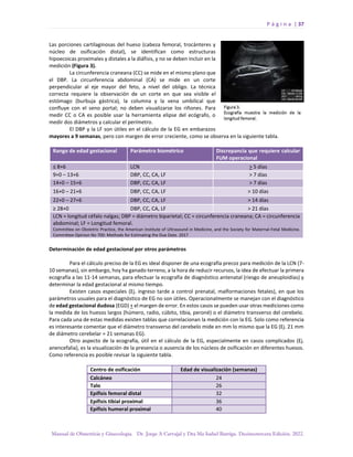 P á g i n a | 37
Manual de Obstetricia y Ginecología. Dr. Jorge A Carvajal y Dra Ma Isabel Barriga. Decimotercera Edición. 2022.
Las porciones cartilaginosas del hueso (cabeza femoral, trocánteres y
núcleo de osificación distal), se identifican como estructuras
hipoecoicas proximales y distales a la diáfisis, y no se deben incluir en la
medición (Figura 3).
La circunferencia craneana (CC) se mide en el mismo plano que
el DBP. La circunferencia abdominal (CA) se mide en un corte
perpendicular al eje mayor del feto, a nivel del obligo. La técnica
correcta requiere la observación de un corte en que sea visible el
estómago (burbuja gástrica), la columna y la vena umbilical que
confluye con el seno portal; no deben visualizarse los riñones. Para
medir CC o CA es posible usar la herramienta elipse del ecógrafo, o
medir dos diámetros y calcular el perímetro.
El DBP y la LF son útiles en el cálculo de la EG en embarazos
mayores a 9 semanas, pero con margen de error creciente, como se observa en la siguiente tabla.
Rango de edad gestacional Parámetro biométrico Discrepancia que requiere calcular
FUM operacional
≤ 8+6 LCN > 5 días
9+0 – 13+6 DBP, CC, CA, LF > 7 días
14+0 – 15+6 DBP, CC, CA, LF > 7 días
16+0 – 21+6 DBP, CC, CA, LF > 10 días
22+0 – 27+6 DBP, CC, CA, LF > 14 días
≥ 28+0 DBP, CC, CA, LF > 21 días
LCN = longitud céfalo nalgas; DBP = diámetro biparietal; CC = circunferencia craneana; CA = circunferencia
abdominal; LF = Longitud femoral.
Committee on Obstetric Practice, the American Institute of Ultrasound in Medicine, and the Society for Maternal-Fetal Medicine.
Committee Opinion No 700: Methods for Estimating the Due Date. 2017
Determinación de edad gestacional por otros parámetros
Para el cálculo preciso de la EG es ideal disponer de una ecografía precoz para medición de la LCN (7-
10 semanas), sin embargo, hoy ha ganado terreno, a la hora de reducir recursos, la idea de efectuar la primera
ecografía a las 11-14 semanas, para efectuar la ecografía de diagnóstico antenatal (riesgo de aneuploidías) y
determinar la edad gestacional al mismo tiempo.
Existen casos especiales (Ej. ingreso tarde a control prenatal, malformaciones fetales), en que los
parámetros usuales para el diagnóstico de EG no son útiles. Operacionalmente se manejan con el diagnóstico
de edad gestacional dudosa (EGD) + el margen de error. En estos casos se pueden usar otras mediciones como
la medida de los huesos largos (húmero, radio, cúbito, tibia, peroné) o el diámetro transverso del cerebelo.
Para cada una de estas medidas existen tablas que correlacionan la medición con la EG. Solo como referencia
es interesante comentar que el diámetro transverso del cerebelo mide en mm lo mismo que la EG (Ej. 21 mm
de diámetro cerebelar = 21 semanas EG).
Otro aspecto de la ecografía, útil en el cálculo de la EG, especialmente en casos complicados (Ej.
anencefalia), es la visualización de la presencia o ausencia de los núcleos de osificación en diferentes huesos.
Como referencia es posible revisar la siguiente tabla.
Centro de osificación Edad de visualización (semanas)
Calcáneo 24
Talo 26
Epífisis femoral distal 32
Epífisis tibial proximal 36
Epífisis humeral proximal 40
 