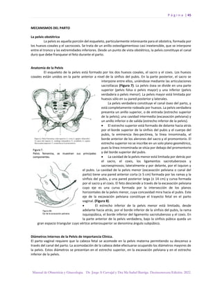 P á g i n a | 45
Manual de Obstetricia y Ginecología. Dr. Jorge A Carvajal y Dra Ma Isabel Barriga. Decimotercera Edición. 2022.
MECANISMOS DEL PARTO
La pelvis obstétrica
La pelvis es aquella porción del esqueleto, particularmente interesante para el obstetra, formada por
los huesos coxales y el sacrocoxis. Se trata de un anillo osteoligamentoso casi inextensible, que se interpone
entre el tronco y las extremidades inferiores. Desde un punto de vista obstétrico, la pelvis constituye el canal
duro que debe franquear el feto durante el parto.
Anatomía de la Pelvis
El esqueleto de la pelvis está formado por los dos huesos coxales, el sacro y el coxis. Los huesos
coxales están unidos en la parte anterior a nivel de la sínfisis del pubis. En la parte posterior, el sacro se
interpone entre ellos, uniéndose mediante las articulaciones
sacroilíacas (Figura 7). La pelvis ósea se divide en una parte
superior (pelvis falsa o pelvis mayor) y una inferior (pelvis
verdadera o pelvis menor). La pelvis mayor está limitada por
huesos sólo en su pared posterior y laterales.
La pelvis verdadera constituye el canal óseo del parto, y
está completamente rodeada por huesos. La pelvis verdadera
presenta un anillo superior, o de entrada (estrecho superior
de la pelvis); una cavidad intermedia (excavación pelviana) y
un anillo inferior o de salida (estrecho inferior de la pelvis).
• El estrecho superior está formado de delante hacia atrás
por el borde superior de la sínfisis del pubis y el cuerpo del
pubis, la eminencia íleo-pectínea, la línea innominada, el
borde anterior de los alerones del sacro y el promontorio. El
estrecho superior no se inscribe en un solo plano geométrico,
pues la línea innominada se sitúa por debajo del promontorio
y del borde superior del pubis.
• La cavidad de la pelvis menor está limitada por detrás por
el sacro, el coxis, los ligamentos sacrotuberosos y
sacroespinosos; lateralmente y por delante, por el isquion y
el pubis. La cavidad de la pelvis menor (excavación pelviana o canal del
parto) tiene una pared anterior corta (± 5 cm) formada por las ramas y la
sínfisis del pubis, y una pared posterior larga (± 14 cm) y curva formada
por el sacro y el coxis. El feto desciende a través de la excavación pelviana
cuyo eje es una curva formada por la intersección de los planos
horizontales de la pelvis menor, cuya concavidad mira hacia el pubis. Este
eje de la excavación pelviana constituye el trayecto fetal en el parto
vaginal. (Figura 8).
• El estrecho inferior de la pelvis menor está limitado, desde
adelante hacia atrás, por el borde inferior de la sínfisis del pubis, la rama
isquiopúbica, el borde inferior del ligamento sacrotuberoso y el coxis. En
la parte anterior de la pelvis verdadera, bajo la sínfisis púbica queda un
gran espacio triangular cuyo vértice anterosuperior se denomina ángulo subpúbico.
Diámetros Internos de la Pelvis de Importancia Clínica.
El parto vaginal requiere que la cabeza fetal se acomode en la pelvis materna permitiendo su descenso a
través del canal del parto. La acomodación de la cabeza debe efectuarse ocupando los diámetros mayores de
la pelvis. Estos diámetros se presentan en el estrecho superior, en la excavación pelviana y en el estrecho
inferior de la pelvis.
 