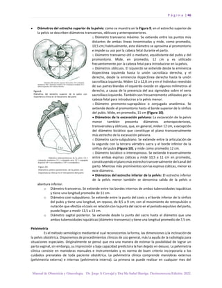 P á g i n a | 46
Manual de Obstetricia y Ginecología. Dr. Jorge A Carvajal y Dra Ma Isabel Barriga. Decimotercera Edición. 2022.
• Diámetros del estrecho superior de la pelvis: como se muestra en la Figura 9, en el estrecho superior de
la pelvis se describen diámetros transversos, oblicuos y anteroposteriores.
o Diámetro transverso máximo. Se extiende entre los puntos más
distantes de ambas líneas innominadas y mide, como promedio,
13,5 cm; habitualmente, este diámetro se aproxima al promontorio
e impide su uso por la cabeza fetal durante el parto.
o Diámetro transverso útil o mediano, equidistante del pubis y del
promontorio. Mide, en promedio, 12 cm y es utilizado
frecuentemente por la cabeza fetal para introducirse en la pelvis.
o Diámetros oblicuos. El izquierdo se extiende desde la eminencia
iliopectínea izquierda hasta la unión sacroilíaca derecha, y el
derecho, desde la eminencia iliopectínea derecha hasta la unión
sacroilíaca izquierda. Miden 12 a 12,8 cm y en el individuo revestido
de sus partes blandas el izquierdo excede en algunos milímetros al
derecho, a causa de la presencia del asa sigmoidea sobre el seno
sacroilíaco izquierdo. También son frecuentemente utilizados por la
cabeza fetal para introducirse a la pelvis menor.
o Diámetro promonto-suprapúbico o conjugada anatómica. Se
extiende desde el promontorio hasta el borde superior de la sínfisis
del pubis. Mide, en promedio, 11 cm (Figura 10).
• Diámetros de la excavación pelviana: La excavación de la pelvis
menor también presenta diámetros anteroposteriores,
transversales y oblicuos, que, en general, miden 12 cm, a excepción
del diámetro biciático que constituye el plano transversalmente
más estrecho de la excavación pelviana.
o Diámetro sacro-subpubiano. Se extiende entre la articulación de
la segunda con la tercera vértebra sacra y el borde inferior de la
sínfisis del pubis (Figura 10), y mide como promedio 12 cm.
o Diámetro biciático o interespinoso. Se extiende trasversalmente
entre ambas espinas ciáticas y mide 10,5 a 11 cm en promedio,
constituyendo el plano más estrecho transversalmente del canal del
parto. Mientras más prominentes son las espinas ciáticas, menor es
este diámetro.
• Diámetros del estrecho inferior de la pelvis: El estrecho inferior
de la pelvis menor también se denomina salida de la pelvis o
abertura inferior.
o Diámetro transverso. Se extiende entre los bordes internos de ambas tuberosidades isquiáticas
y tiene una longitud promedio de 11 cm.
o Diámetro coxi-subpubiano. Se extiende entre la punta del coxis y el borde inferior de la sínfisis
del pubis y tiene una longitud, en reposo, de 8,5 a 9 cm; con el movimiento de retropulsión o
nutación que efectúa el coxis en relación con la punta del sacro en el período expulsivo del parto,
puede llegar a medir 12,5 a 13 cm.
o Diámetro sagital posterior. Se extiende desde la punta del sacro hasta el diámetro que une
ambas tuberosidades isquiáticas (diámetro transverso) y tiene una longitud promedio de 7,5 cm.
Pelvimetría
Es el método semiológico mediante el cual reconocemos la forma, las dimensiones y la inclinación de
la pelvis obstétrica. Disponemos de procedimientos clínicos de uso general, más la ayuda de la radiología para
situaciones especiales. Originalmente se pensó que era una manera de estimar la posibilidad de lograr un
parto vaginal, sin embargo, su imprecisión y baja capacidad predictora la han dejado en desuso. La pelvimetría
clínica consiste en maniobras manuales e instrumentales y es norma de buen criterio incorporarla a los
cuidados prenatales de toda paciente obstétrica. La pelvimetría clínica comprende maniobras externas
(pelvimetría externa) e internas (pelvimetría interna). La primera se puede realizar en cualquier mes del
 