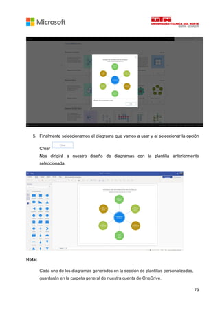 79
5. Finalmente seleccionamos el diagrama que vamos a usar y al seleccionar la opción
Crear
Nos dirigirá a nuestro diseño de diagramas con la plantilla anteriormente
seleccionada.
Nota:
Cada uno de los diagramas generados en la sección de plantillas personalizadas,
guardarán en la carpeta general de nuestra cuenta de OneDrive.
 