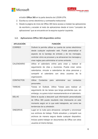 6
el botón Office 365 en la parte derecha de LOGIN UTN.
2. Escriba su correo electrónico y contraseña institucional.
3. Desde la página de inicio de Office 365 tiene acceso a instalar las aplicaciones
de escritorio y acceder al resto de aplicaciones desde el icono “Lanzador de
aplicaciones” que se encuentra en la esquina superior izquierda.
1.2. Aplicaciones Office 365 disponibles online
APLICACIÓN FUNCIÓN
CORREO Outlook le permite utilizar su cuenta de correo electrónico
desde cualquier explorador web. Puede personalizar el
aspecto de la bandeja de entrada y de los mensajes,
controlar cómo se procesan y se almacenan los mensajes y
crear reglas para administrar el correo entrante.
CALENDARIO Utilice el calendario online para crear y realizar el
seguimiento de citas y reuniones. Puede crear varios
calendarios, vincular a calendarios de otras personas y
compartir el calendario con otros usuarios de la
organización.
CONTACTOS Utilice Contactos para administrar sus contactos
personales.
TAREAS Tareas en Outlook. Utilice Tareas para realizar un
seguimiento de las tareas que tenga pendientes que, sin
embargo, no quiera incluir necesariamente en el calendario.
DELVE Delve le ayuda a descubrir qué información personalizada
de Office 365 puede resultarle más interesante en este
momento según en lo que esté trabajando, así como las
tendencias de su alrededor.
ONEDRIVE Lugar en la nube para almacenar, compartir y sincronizar
sus archivos de trabajo. Podrá actualizar y compartir sus
archivos de manera segura desde cualquier dispositivo.
Incluso podrá trabajar en documentos de Office con otros
usuarios al mismo tiempo.
 