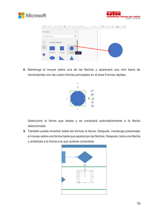 70
2. Mantenga el mouse sobre una de las flechas y aparecerá una mini barra de
herramientas con las cuatro formas principales en el área Formas rápidas.
Seleccione la forma que desee y se conectará automáticamente a la flecha
seleccionada.
3. También puede arrastrar todas las formas al lienzo. Después, mantenga presionado
el mouse sobre una forma hasta que aparezcan las flechas. Después, toma una flecha
y arrástrala a la forma a la que quieras conectarte.
 