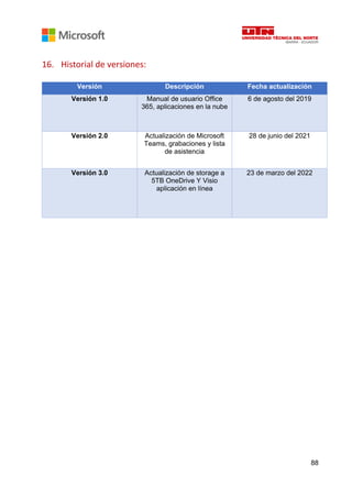 88
16. Historial de versiones:
Versión Descripción Fecha actualización
Versión 1.0 Manual de usuario Office
365, aplicaciones en la nube
6 de agosto del 2019
Versión 2.0 Actualización de Microsoft
Teams, grabaciones y lista
de asistencia
28 de junio del 2021
Versión 3.0 Actualización de storage a
5TB OneDrive Y Visio
aplicación en línea
23 de marzo del 2022
 