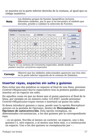 se muestra en la parte inferior derecha de la ventana, al igual que su
código numérico.
Nota
Los distintos grupos de fuentes tipográficas incluyen
diferentes símbolos, por lo que si no encuentra el símbolo que
necesita, pruebe a cambiar la selección de Fuentes.
Figura 13: La ventana de Caracteres especiales, desde donde se
pueden insertar caracteres especiales
Consejo
Observe que los símbolos seleccionados aparecen uno tras otro
en la parte inferior izquierda de la ventana de Símbolos.
Insertar rayas, espacios sin salto y guiones
Para evitar que dos palabras se separen al final de una línea, presione
Control+Mayúsculas+barra espaciadora tras la primera palabra para
insertar así un espacio sin salto.
En aquellos casos en que no desee que el guion aparezca al final de la
línea, por ejemplo en un número como 123-4567, puede presionar
Control+Mayúsculas+signo menos e insertará un guion sin salto.
Si desea introducir guiones y rayas, puede usar la opción Reemplazar
guiones en la pestaña de Opciones, dentro de Herramientas >
Opciones de autocorrección. Esta opción reemplaza, en
determinadas circunstancias, a los dos guiones por la correspondiente
raya.
– es un guion. Escriba al menos un carácter, un espacio, uno o dos
guiones (-), otro espacio, y al menos una letra más, y a continuación
un espacio. Uno o los dos guiones se reemplazarán por – .
Trabajar con textos 17
 